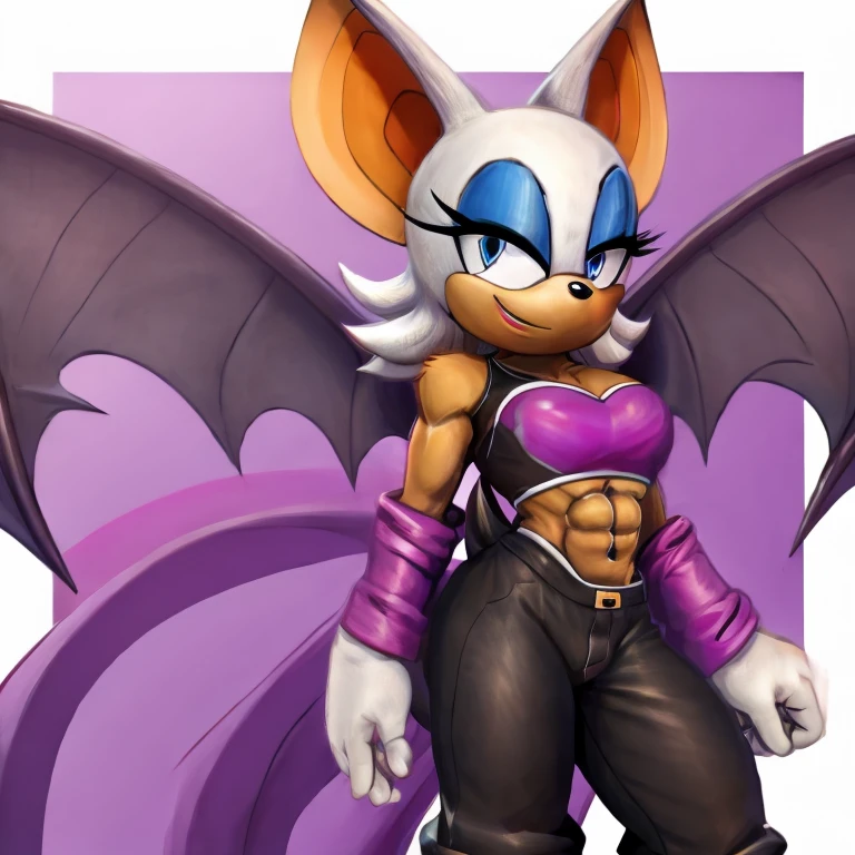 Rouge the bat with abs wearing a crop top of her original outfit with a bare midriff and a bare navel 