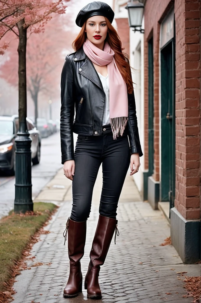 A gorgeous, beautiful, stylish ginger haired russian woman in black leather jacket and pink scarf and boots, standing on the street, posing for camera, wearing an urban, casual outfit: leather clothing and riding boots, leather jacket, jeans and knee high brown boots, also a pink scarf and newsboy cap, she's standing on the sidewalk, in city street, casually dressed, soft make-up, red lipstick.