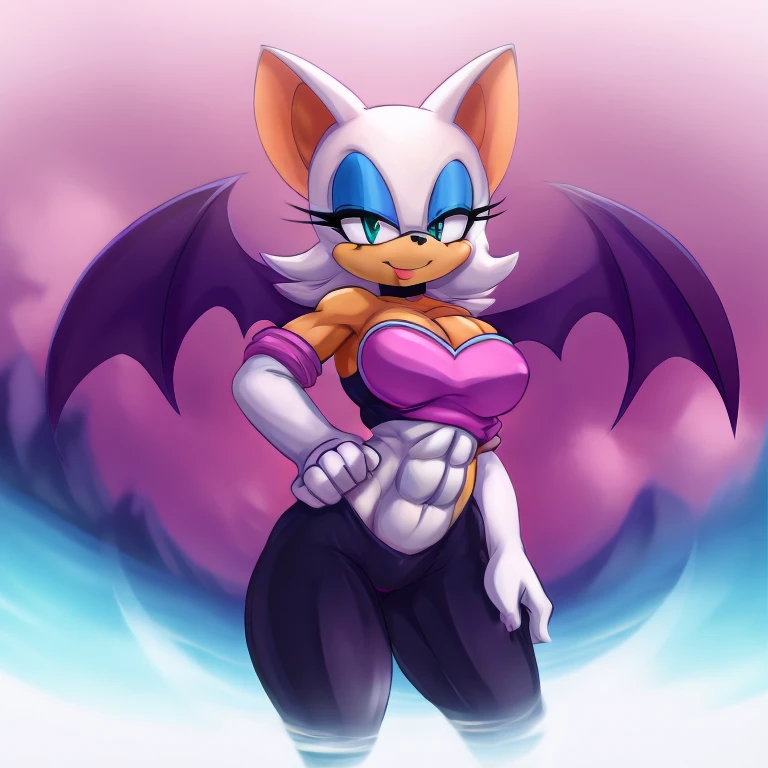 Rouge the bat with abs wearing a crop top of her original outfit with a bare midriff and a bare navel 