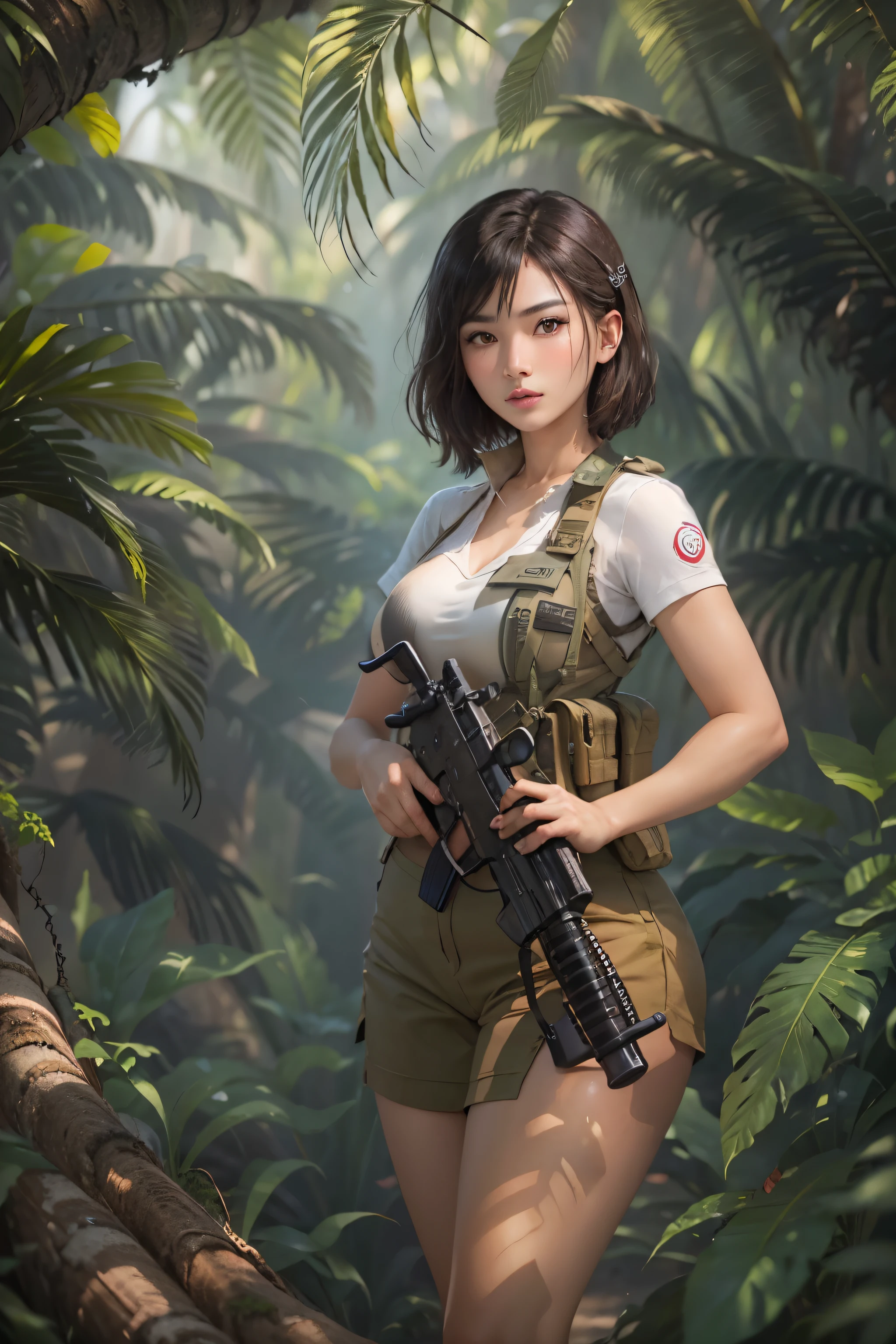 Photorealistic, high resolution, photorealestic,Beautiful tall woman, Filipino woman, 24 years old, Solo, Hips up, view the viewer, (Detailed face), Black color hair, short hair, tanned bronzed skin, Young camouflage uniform, Stockings,jungle backdrop, Girl aiming AK-47 assault rifle