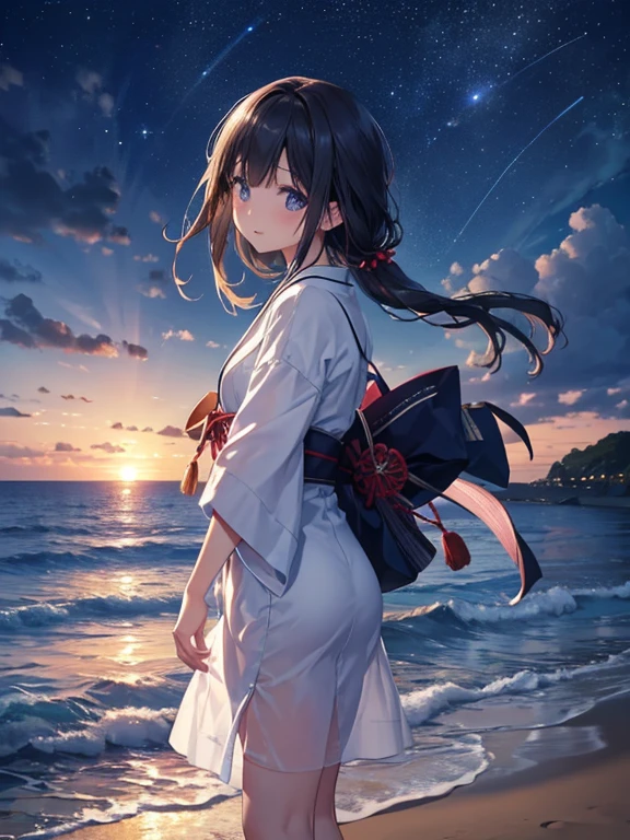 (Close-up:1.4)、(RAW photo:1.2)、(photorealistic:1.4)、(masterpiece:1.3)、(highest quality:1.ung japanese woman、(night scenery:1.2)、thin clothes、girl、Put one foot in the sea、standing on tiptoe、cute girl、Landscape、Between the horizon and the sea、view from the side、Ripples spreading from the toes、Standing about 20 meters away、on the sea、beach、The whole scene shineeteors、illumination、