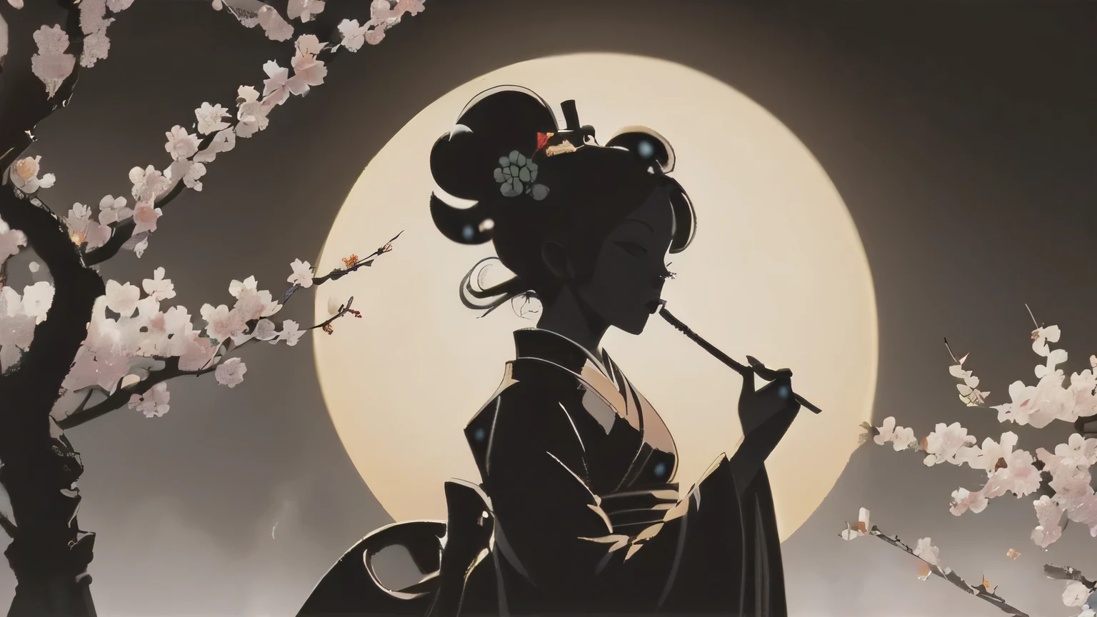 mate piece, (Oiran:1.2), With a pipe in hand, (((cigarette smoke:1.3))), logo, monotony, moon, cherry blossom background, (SakuraFubuki:1.2), (silhouette:1.4), masterpiece,