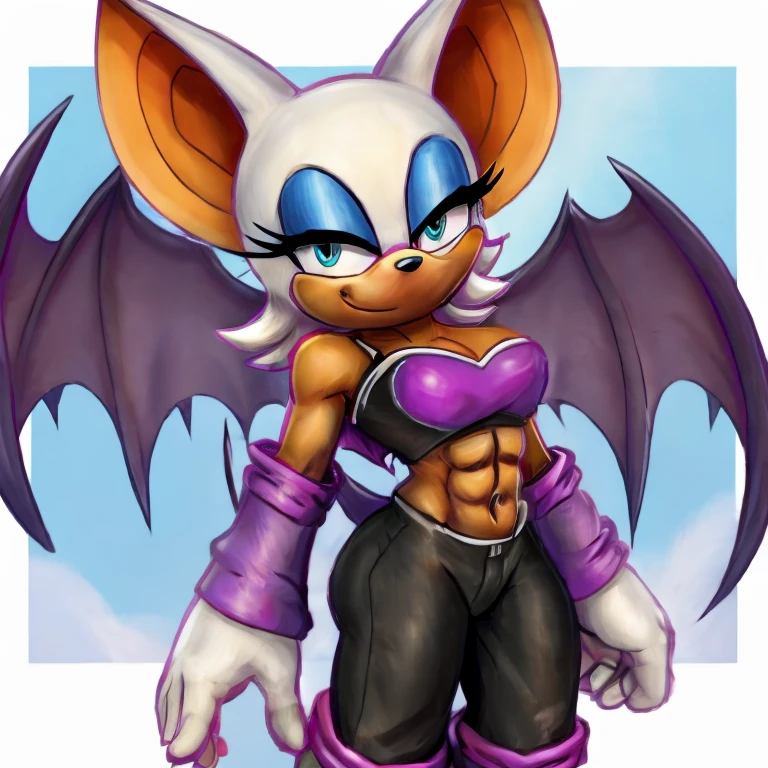 Rouge the bat with abs wearing a crop top of her original outfit with a bare midriff and a bare navel