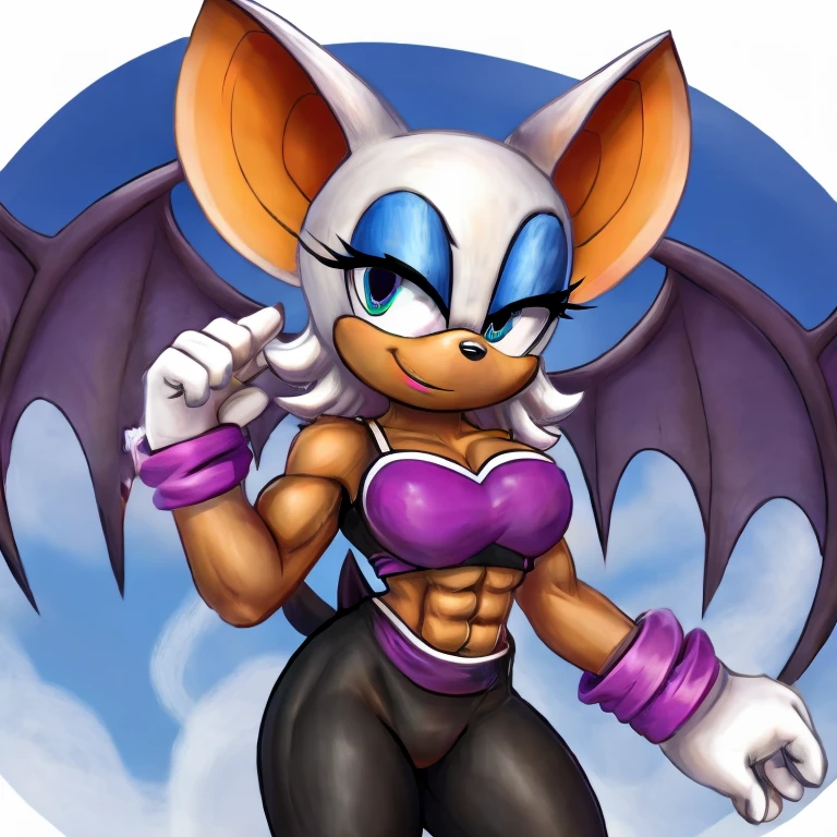 Rouge the bat with abs wearing a crop top of her original outfit with a bare midriff and a bare navel 