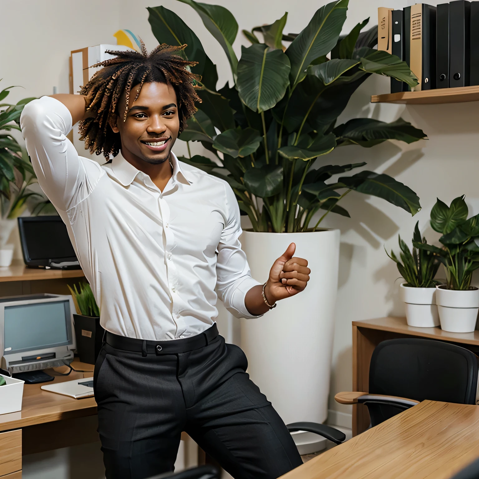 black man working in office, plants, happy, professional