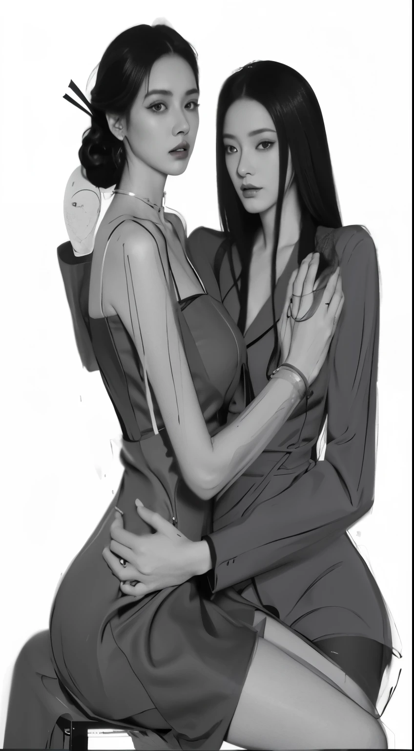 A drawing of two women sitting on chairs with one holding her hand., Lesbian Art, Gesture study, Sitting position, outline, Comfortable pose, outoutline, A woman holds another woman., rough draft, Phil Noto and James Jean, Charlie Bowater and R.Jem, Couple pose, Hands behind her body!, Drawing gesture