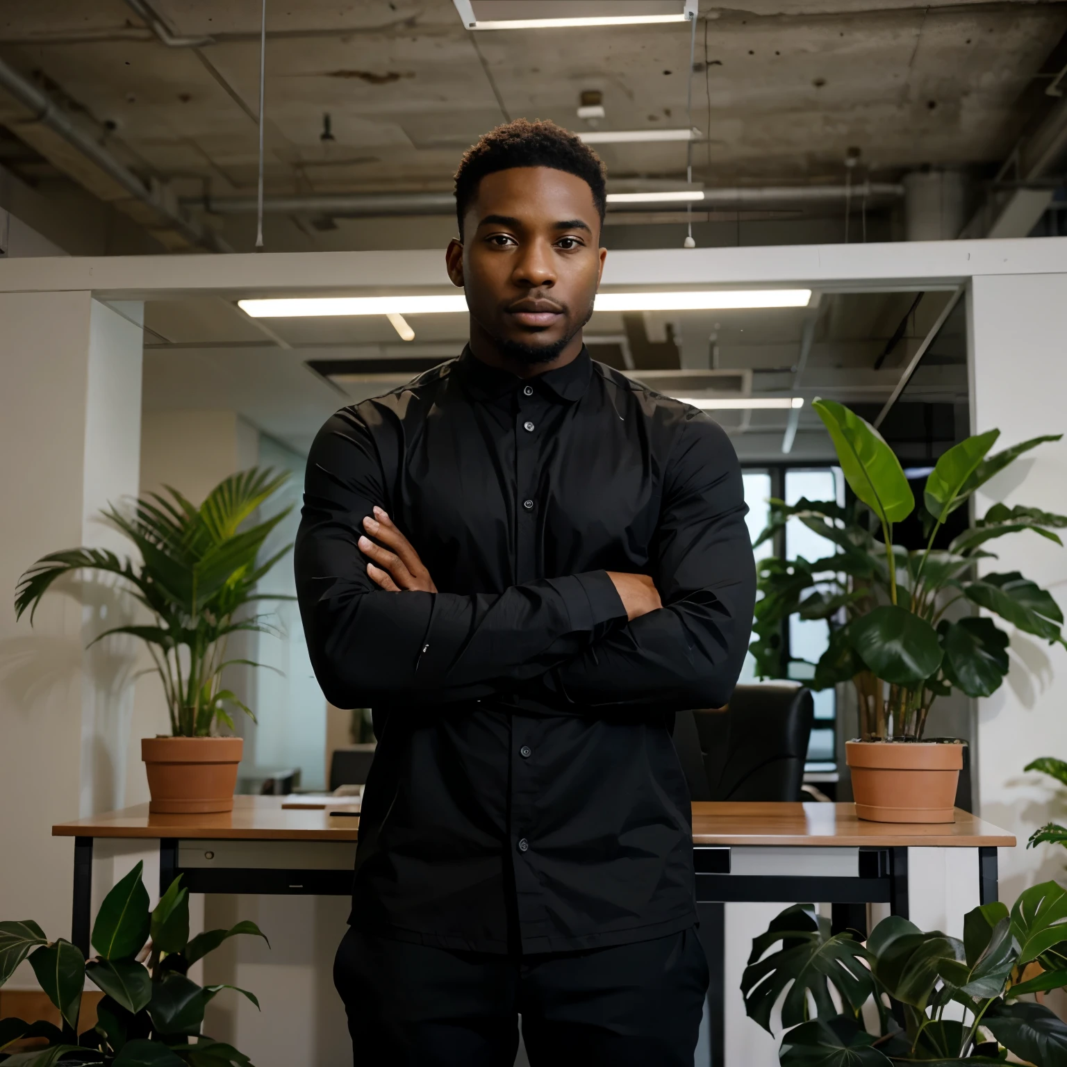 black man working in office, plants, professional