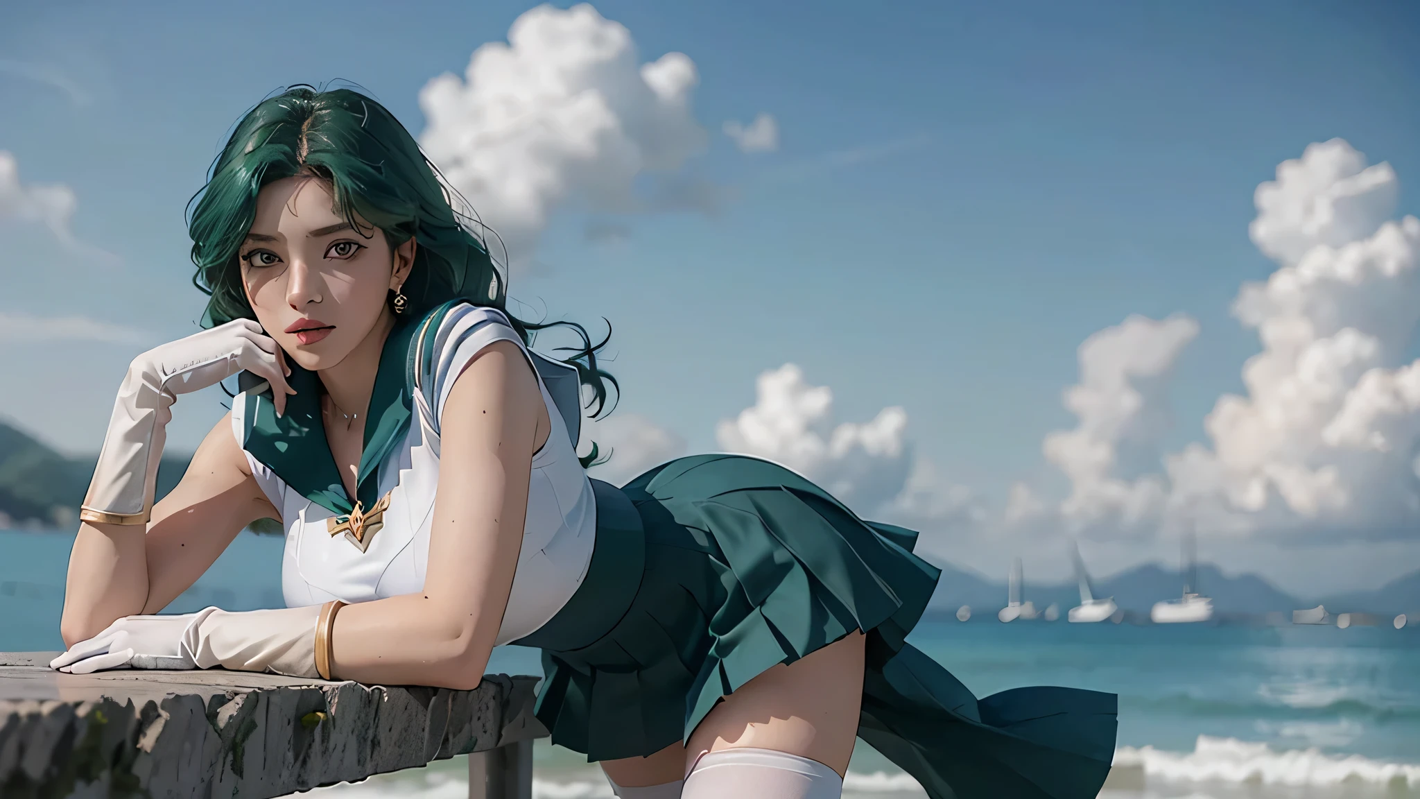 close, 1 girl, sailor neptune, (sailor warrior uniform:1.2), (aqua eye:0.9), dark green hair, medium hair, pleated skirt, highest quality, earrings, masterpiece, High resolution, intricate details, (( realistic )), photo&#39;s, (white elbow gloves:1.1), jewelry, Medium chest, full body, dynamic background, dynamic posture, high heels,,perfect body,(Lie:1.3)