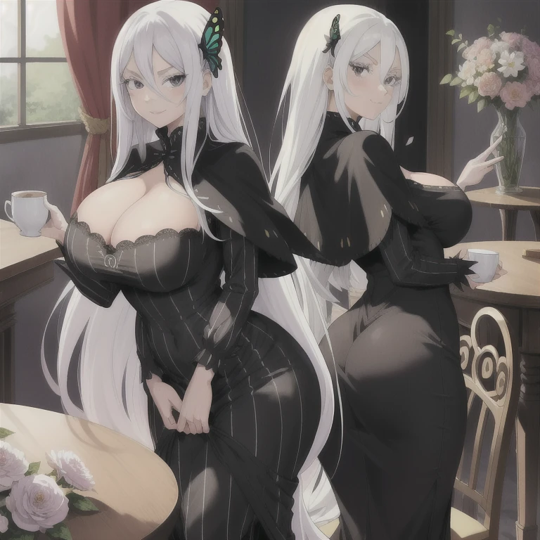 masterpiece,best quality,anime,2d,detailed eyes, 1girl, long hair, solo, butterfly hair ornament, standing, smile, hair between eyes,capelet, long sleeves, petals, black dress, hair between eyes, butterfly, looking at viewer, white hair, black eyes, (white eyelashes:1.1) (colored eyelashes:1.2), very long hair, holding, breasts, masssive breasts, huge breasts, standing, looking at viewer, huge ass, huge thighs, narrow waist, wide hips, thick thighs, curvy,cleavage, closed mouth, striped dress, vertical stripes,black capelet, chair, table, holding cup, vertical-striped dress, long dress, flower,