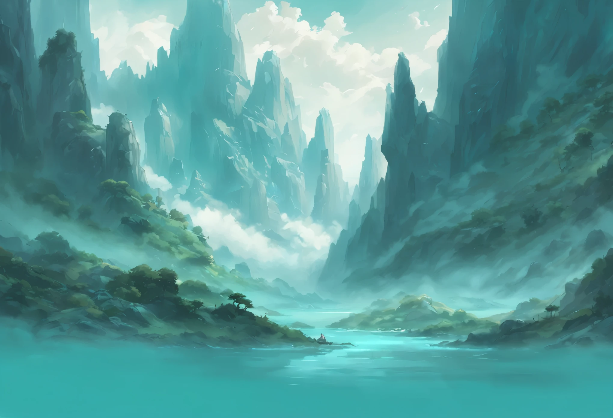 Kunlun Misted Peaks, The mythical misty immortal mountains of Kunlun from chinese folklore, Natural landscape, Turquoise and White color scheme only, Turquoise and White colors only, Turquoise and White, Made in Abyss, Stormlight Archive, Studio Ghibli, Anime Key Visual, by Makoto Shinkai, Deep Color, Intricate, 8k resolution concept art, Natural Lighting, Beautiful Composition, Xianxia style