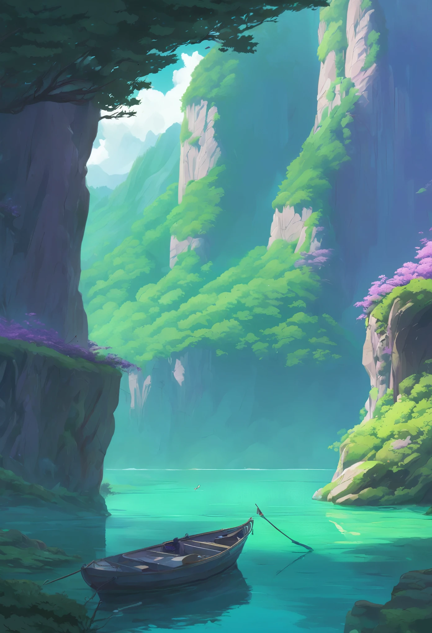 Tranquil Cliff Lake, Verdant luscious green cliffs by a turquoise pure lake, Natural landscape, Turquoise and Purple color scheme only, Turquoise and Purple colors only, Turquoise and Purple, Made in Abyss, Stormlight Archive, Studio Ghibli, Anime Key Visual, by Makoto Shinkai, Deep Color, Intricate, 8k resolution concept art, Natural Lighting, Beautiful Composition, Xianxia style