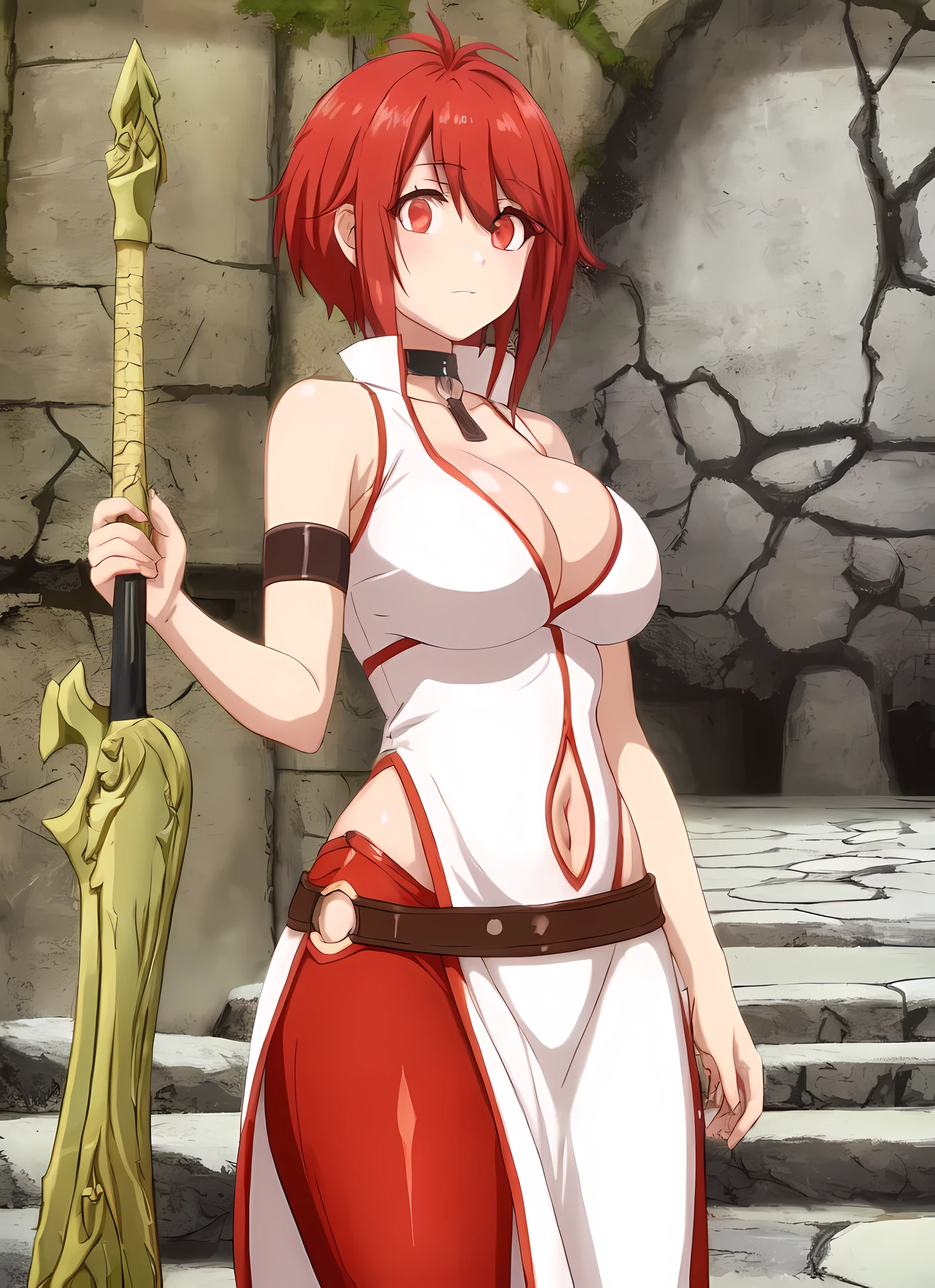 best quality, masterpiece, high quality, vesta_harem, 1girl, large breasts, cleavage, navel_cutout, side_slit, [[[[[red eyes]]]]], BREAK (red_leggings), oversized_belt, white_dress, [[[white_loincloth]]], bare_hips, BREAK holding_sword, navel, underground, [cave_interior:20], hallway, stone_wall, stone_floor, stone_walkway, BREAK ((dark))