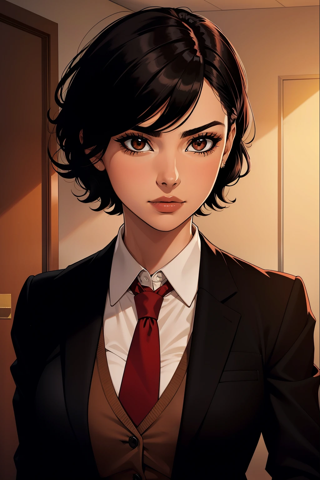 woman, short black hair, wearing a brown office suit, red tie, no background,