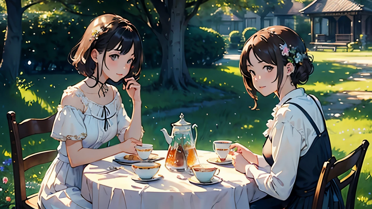 ((highest quality、masterpiece、High resolution))、(Sargent style watercolor)、(anime art)、soft light、Cotswold scenery、stream、flowers bloom、(two women)、(Chatting happily)、medium short hair、dark brown hair、braided hair、(Detailed depiction of a beautiful face)、smile gently、White blouse and long skirt、picnic、table、Tea set、drink a cup of tea、cinematic light、soft sunlight、blur the background、