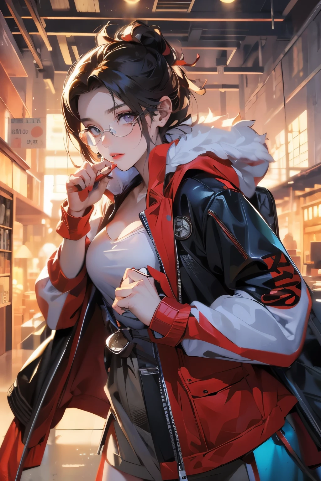 Wide angle shot, beautiful female street fighter, wearing large glasses, black undercut hair, wearing large steel knuckles