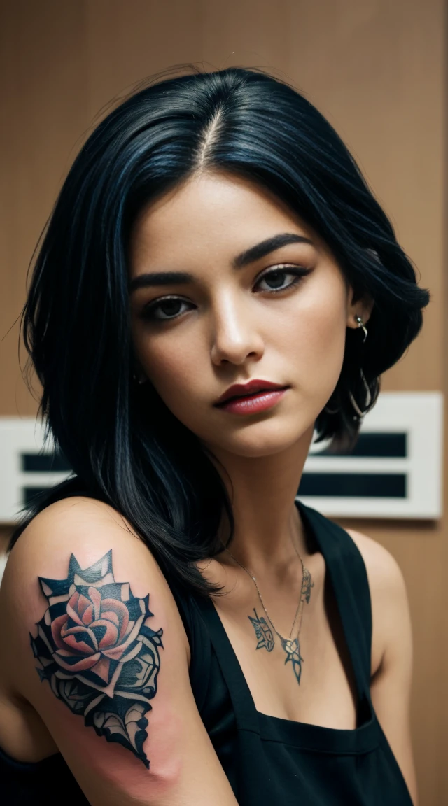Mujer de cara de rasgos delicados y expresivos,  ojos almendrados resaltados con maquillaje oscuro y llamativo. small straight nose, unos labios carnosos,cabello largo y azul. Figura delgada pero con curvas, con pechos prominentes, cintura estrecha y caderas pronunciadas. cuerpo cubierto de tatuajes. (obra maestra:1.0),(mejor_calidad:1.0), ultra high resolution,4k,ultra detallado, Photography, 8K, HDR, high resolution, absurdos:1.2, retrato kodak 400, fondo borroso, bokeh, destello de lente, (vibrante_color:1.2),professional photography,(el_tatuaje:1.4),(Hermoso,Grande_senos), (Hermoso_rostro:1.5),(angosto_cintura), 20 years.