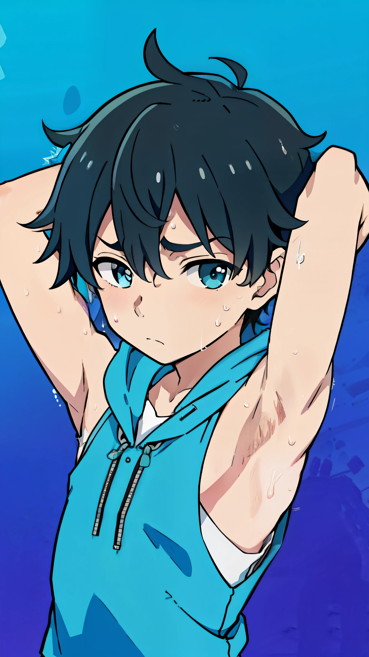 Highres, Masterpiece, Best quality at best,Best Quality,hight quality, hight detailed, 1boy, Shota, Cyan hoodie, Wearing headset, The hoodie is sleeveless and has an open zipper, (very small and short stature), (very young boy), (very small and short body), -yeld bo (Showing armpit:1.4), School, Sweat