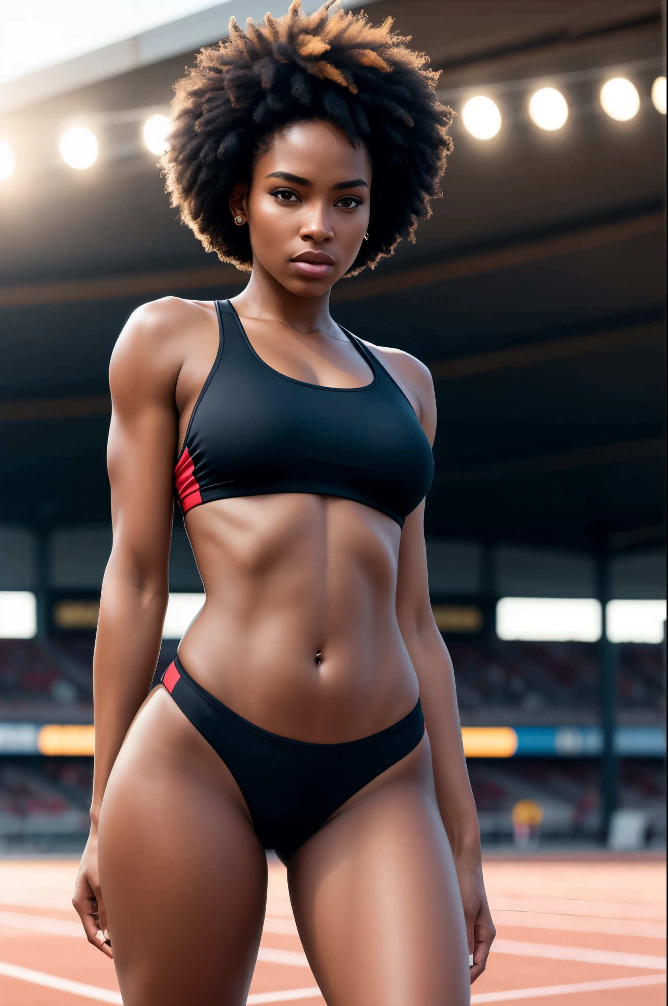beautiful black college woman, in a lightly revealing sexy track outfit, outside on track field, ((slim, petite)), very curvy and sexy preparing for her race stretching: photorealistic, photo, masterpiece, realistic, realism, photorealism, high contrast, photorealistic digital art trending on Artstation 8k HD high definition detailed realistic, detailed, skin texture, hyper-detailed, realistic skin texture, armature, best quality, ultra high res, (photorealistic:1.4),, high resolution, detailed, raw photo, sharp re, by lee jeffries nikon d850 film stock photograph 4 kodak portra 400 camera f1.6 lens rich colors hyper realistic lifelike texture dramatic lighting unrealengine trending on artstation cinestill 800
