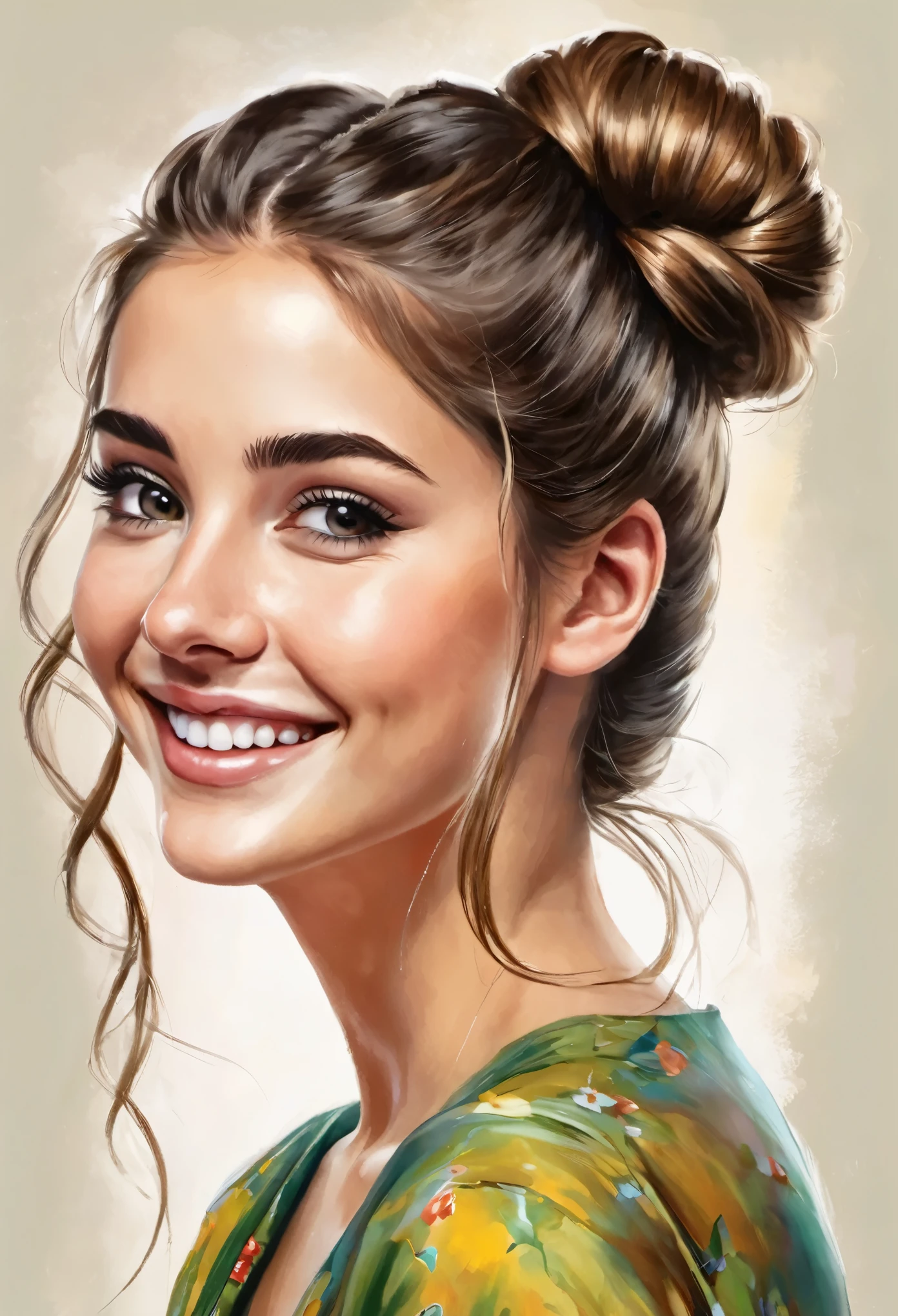 The girl has her hair neatly tied in a bun on both sides, y tiene una mirada traviesa en su rostro, con una sonrisa que dan ganas de abrazarla. Bocetos ilustrativos que capturan de manera realista la belleza natural, las expresiones traviesas, los colores, las obras maestras y los detalles del modelo.