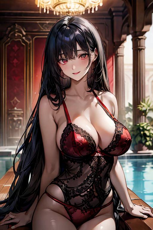 (((Black hair))), long hair, Mauve eyes, sexy, large breasts, beautiful body, masterpiece, smile, (((red lingerie))), sexy lingerie, hotel swimming pool,busty, buxom, curvy, voluptuous