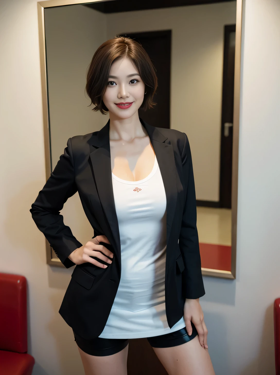 masterpiece,highest quality, (1 milf、44 years old), ((close:0.5)), ((Cross Arm)), glare, gray blazer, white shirt, eyelash, lip gloss, (smile:1), ((close your eyes:0.85)), ((looking at the viewer、The whole body is reflected、Are standing)), to be born, (From above:0.2), ((no one)), (office)、(black leather、knee length、knee high boots)、Depth of written boundary、pointed red mouth、(reddish brown wet shiny short hair,,,,,,,,,),red mouth,clavicle、full body portrait、digital illustration, (Photoreal:1.3),(Raw photo.)、urreal、Japanese、Highest image quality、big breasts、big ass、emphasize the legs、thick thighs、sexy、Delicate skin depiction、bright smile、office