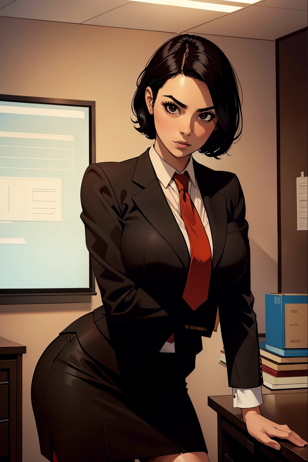 woman, short black hair, wearing a brown office suit, office skirt, red tie, no background,