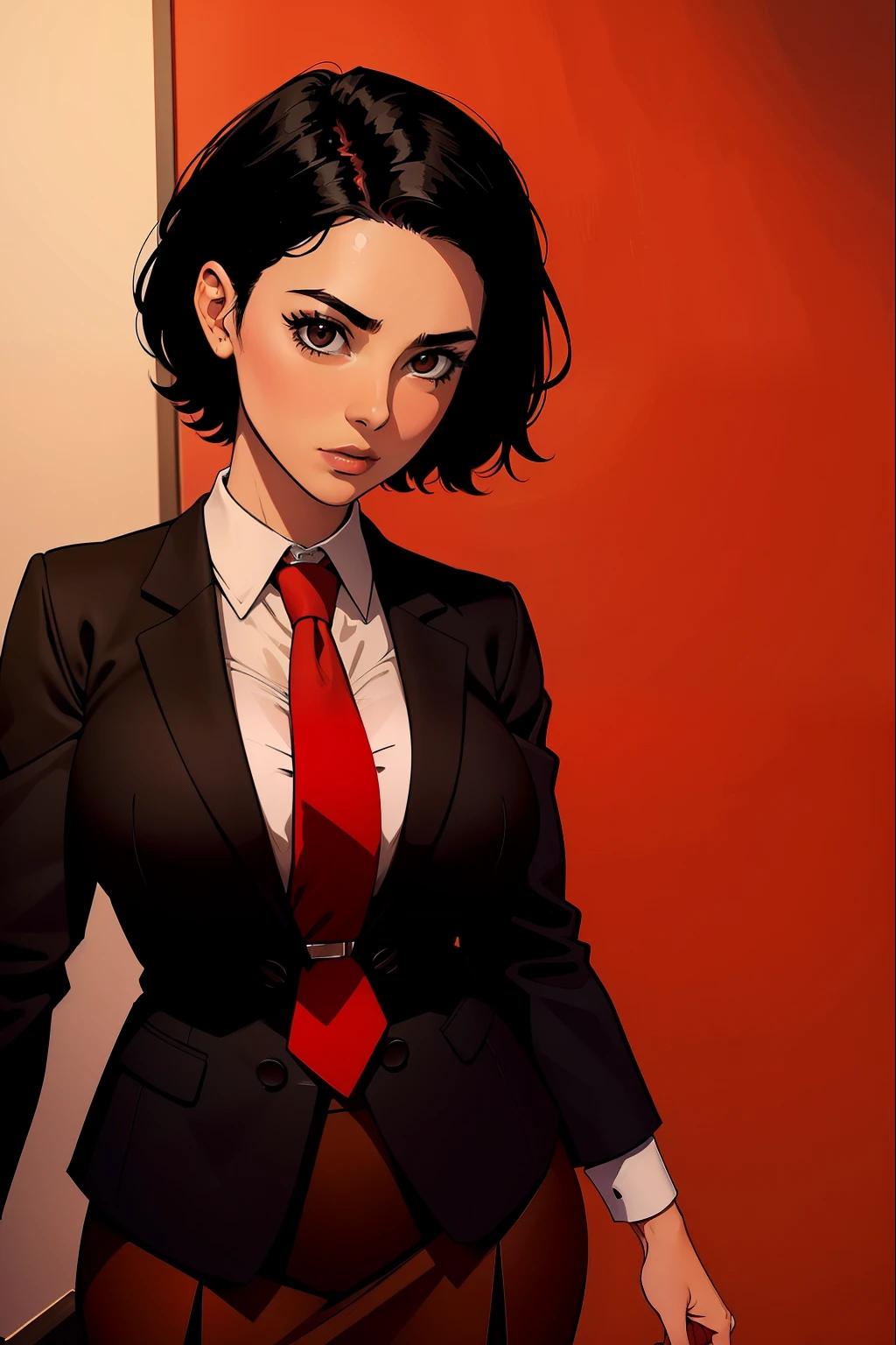 woman, short black hair, wearing a brown office suit, office skirt, red tie, no background,