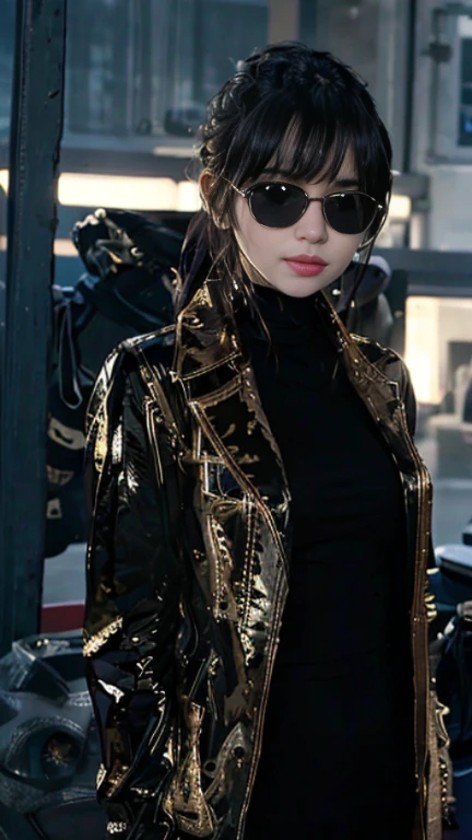 adult woman、luxury、coat over naked,collarless coat、nude、nsfw、rich、Gold chain,contrapposto,dark lips、smile、sharp eyes、((black sunglasses))、red hair、erotic、((gothic)),garage at night