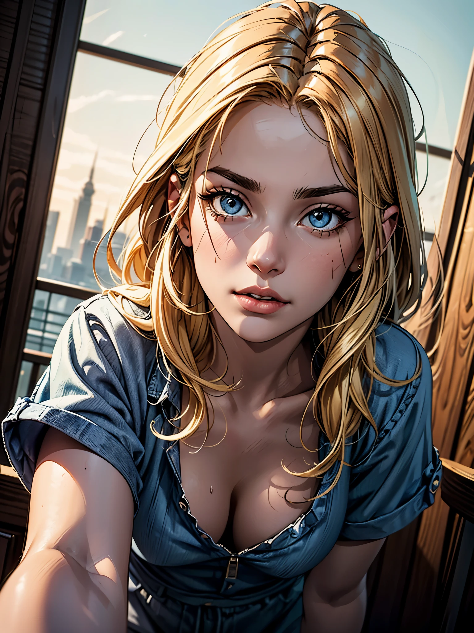 girl in summer clothes, casual dress, making as if she wants to kiss you, (girl bending down looking at camera), medium breasts, blonde, cleavage, random background, flirtatious look, ((very detailed)), (perfectly detailed face), (well detailed hand) photorealistic image. highly detailed, et dramatique, lighting cinematic, Lighting scene, soft lights