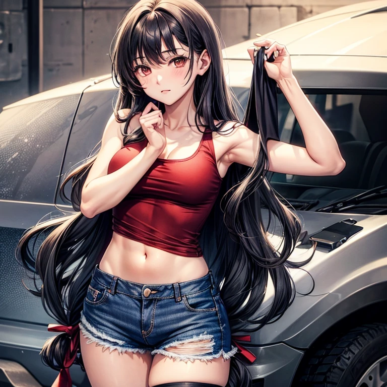 14_year_old_girl, tank_top, jean_shorts_with_black_tights, very_long_hair, wavy_hair,red eyes,fit clothes,