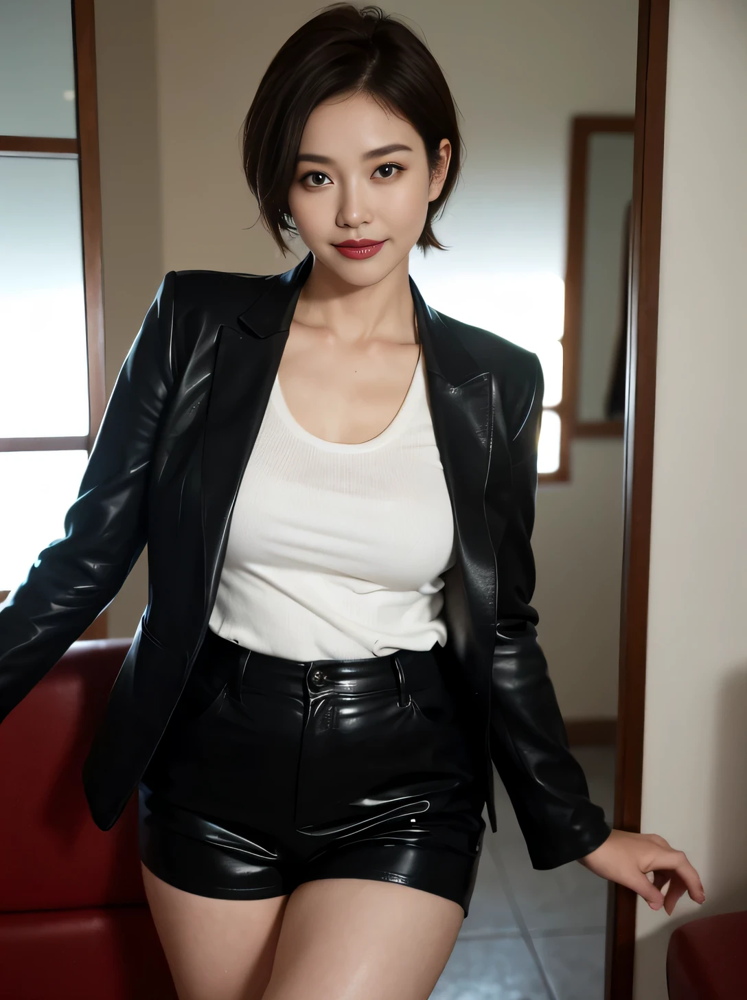 masterpiece,highest quality, (1 milf、44 years old), ((close:0.5)), ((Cross Arm)), glare, gray blazer, white shirt, eyelash, lip gloss, (smile:1), ((close your eyes:0.85)), ((looking at the viewer、The whole body is reflected、Are standing)), to be born, (From above:0.2), ((1 person)), (entrance)、(black leather、knee length、knee high boots)、Depth of written boundary、pointed red mouth、(reddish brown wet shiny short hair,,,,,,,,,),red mouth,clavicle、full body portrait、digital illustration, (Photoreal:1.3),(Raw photo.)、urreal、Japanese、Highest image quality、big breasts、big ass、emphasize the legs、thick thighs、sexy、Delicate skin depiction、bright smile、entrance、