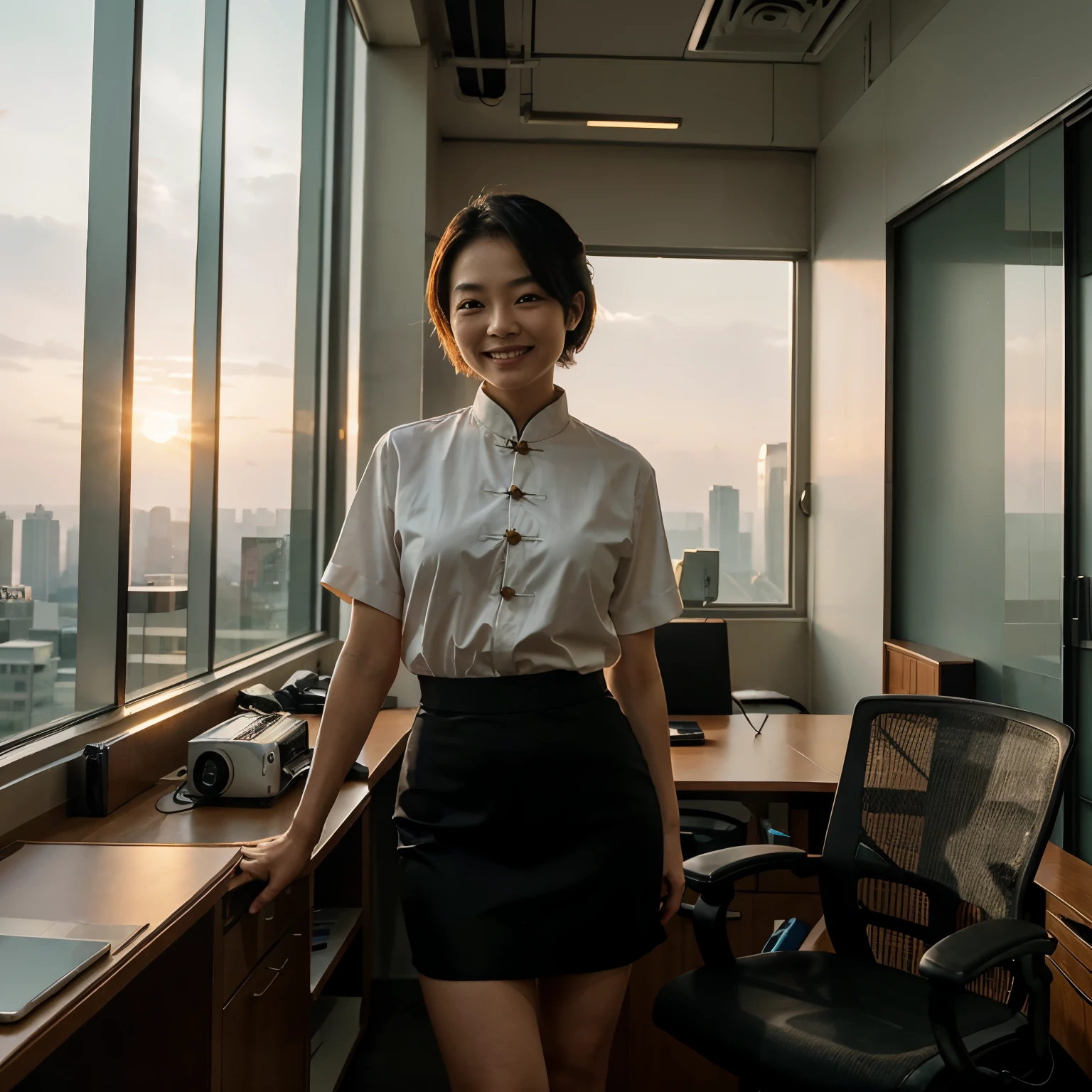 chinese old woman, in front of laptop, office, in a skyscraper, sunset, smiling, business clothes, open short hair