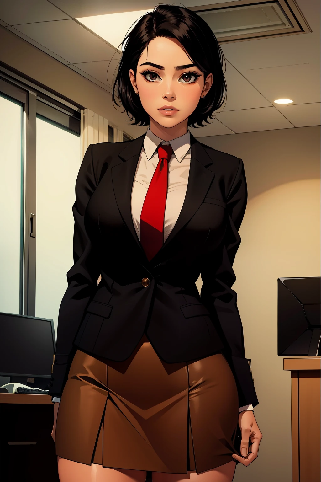woman, short black hair, wearing a brown office suit, office skirt, red tie, no background,