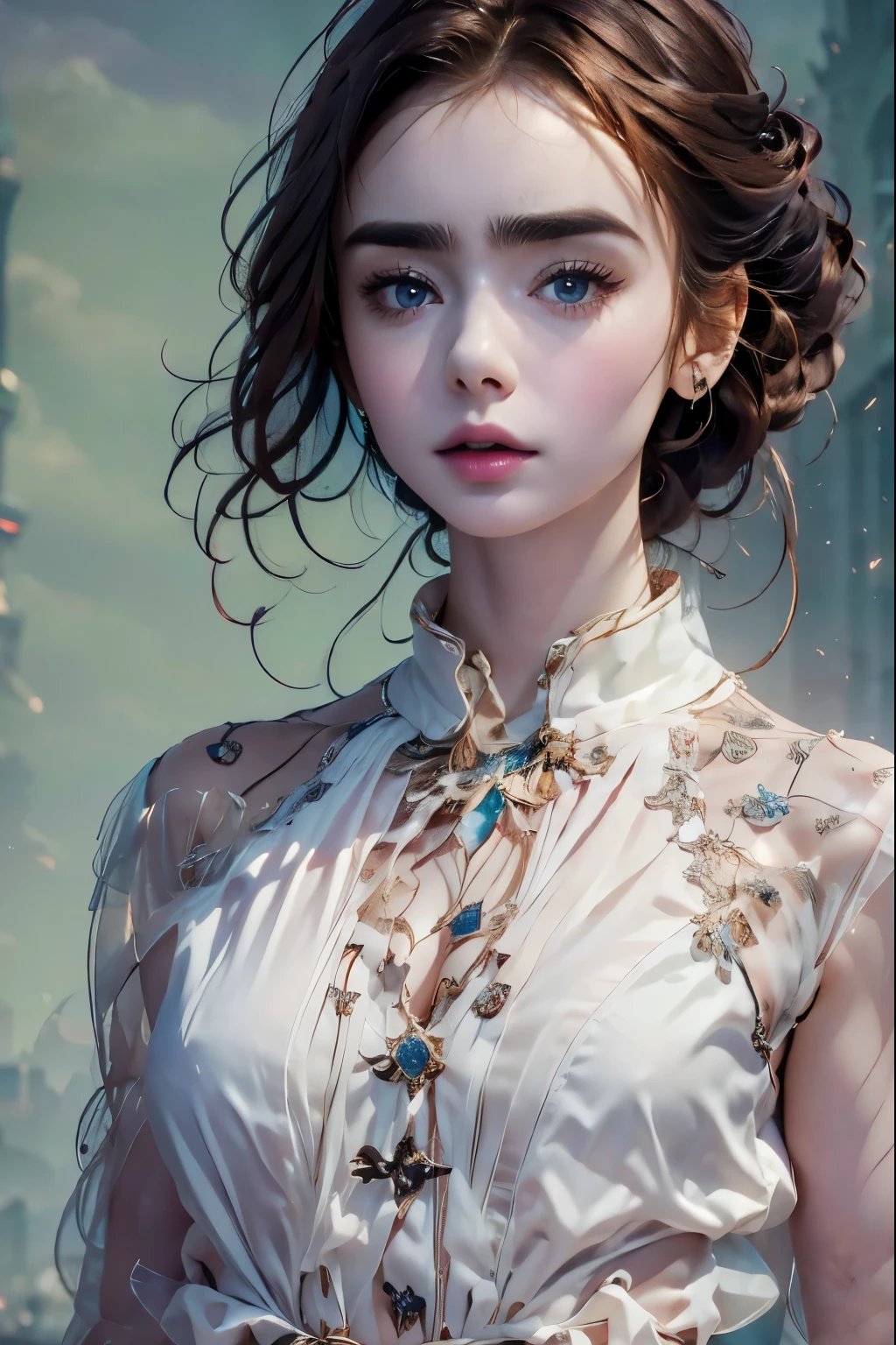 Lily Collins，18 years old，Realistic photo works，fashion show，Professional clothing design，Sexy figure，women&#39;s shirts，Navel exposed，Multiple buttons，Pull，Broken diamonds，Complex workmanship，Novel style，icon，Company logo，fashion clothing，future technology，paris fashion，Magnificent buildings，future，Baiyun
