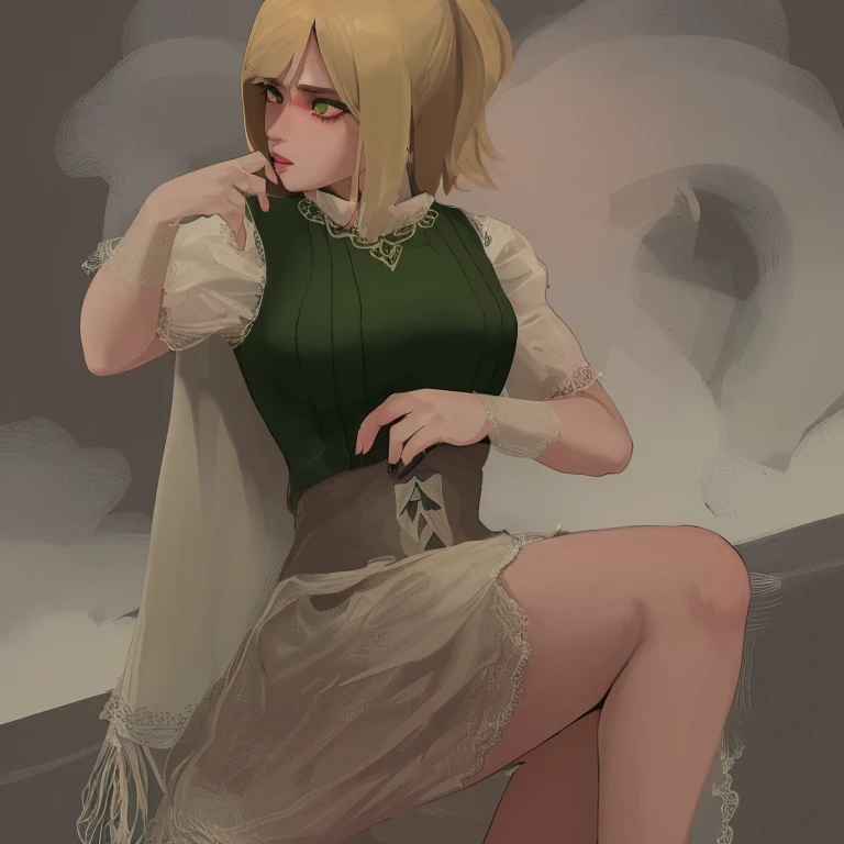 NSFW。Ultra HD。Masterpiece。Real。Beautiful eyes as clear as glass。Pitch black background。Female genitals are chained。A nude adult woman in a white robe with yellow-green short hair and a beige messenger bag is sitting on a white cliff。anime