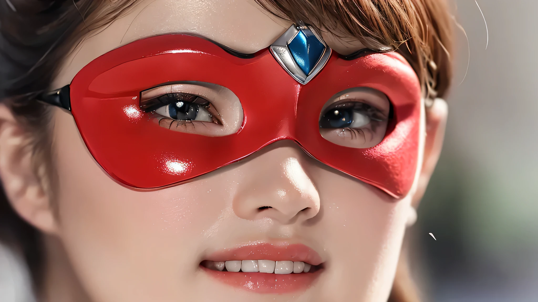 (8K, RAW photo, highest qualityの, masterpiece: 1.2), (realistic, realistic: 1.37), highest quality, ultra high resolution, Light leakage, dynamic lighting, slim and smooth skin, (full body:1.3), (Soft saturation: 1.6), (Fair skin: 1.2), (Glossy skin: 1.1), oily skin, 22 years ago, night, shiny white blonde, well-formed, hair blowing in the wind, Close-up shot of only the face, Physically based rendering, from multiple angles, big smile, super girl、miniature, red eye mask, (open your eyes:1.4),perfect body,(Lie:1.3)