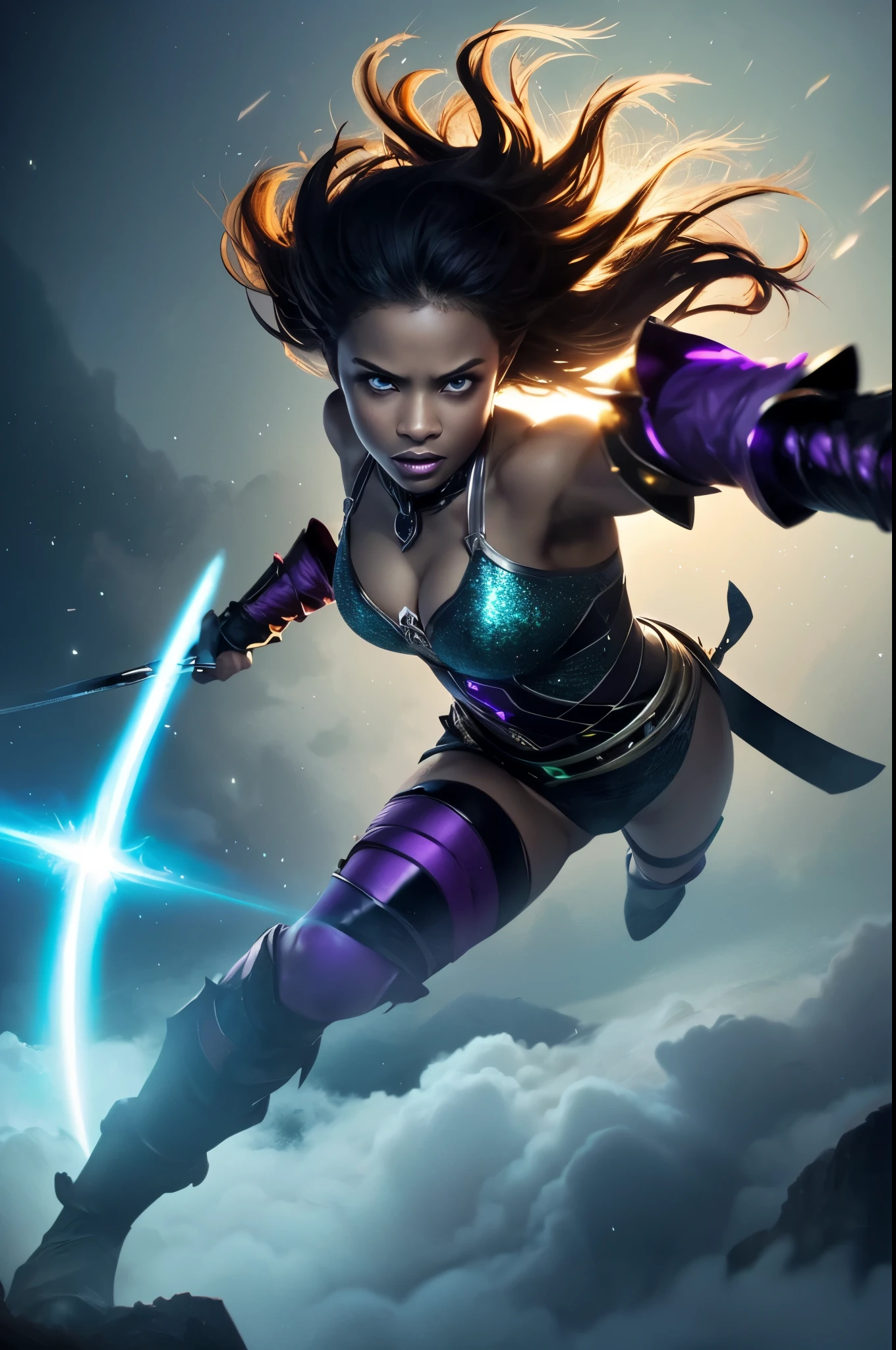 We look up from a Low angle shot of black woman sword wielding warrior mid air above the clouds, fighting pose, death stare at the viewer, surrounded by glowing purple energy all over her body and her sword, her sword drawn for a fight, dressed in african designed attire, her image partially blurry, blue eyes and curly hair, beneath her feet is a forest with leaves being blown all over the place due to her powerful energy, glittering and shimmering light shining from the sun providing a beautiful and atmospheric scenery, beautiful and moody images, green, grey and silver colour grading.