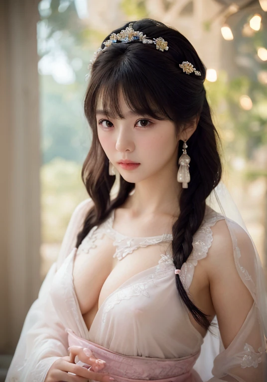 1girl, (beauty breast), (upper body), ((very transparent) Hanfu), (erotic_pose), indoor bedroom castle (blur background), (masterpiece),leejieun, (aphrodite goddess), pretty young face (Russian) (Asian), adept art, very best quality detailed face:1.5, (8k HD graphic, (soft and chill light), best quality detailed ultra highres:1.2 dynamic lighting, artstation, winner photography, volumemetricslighting),