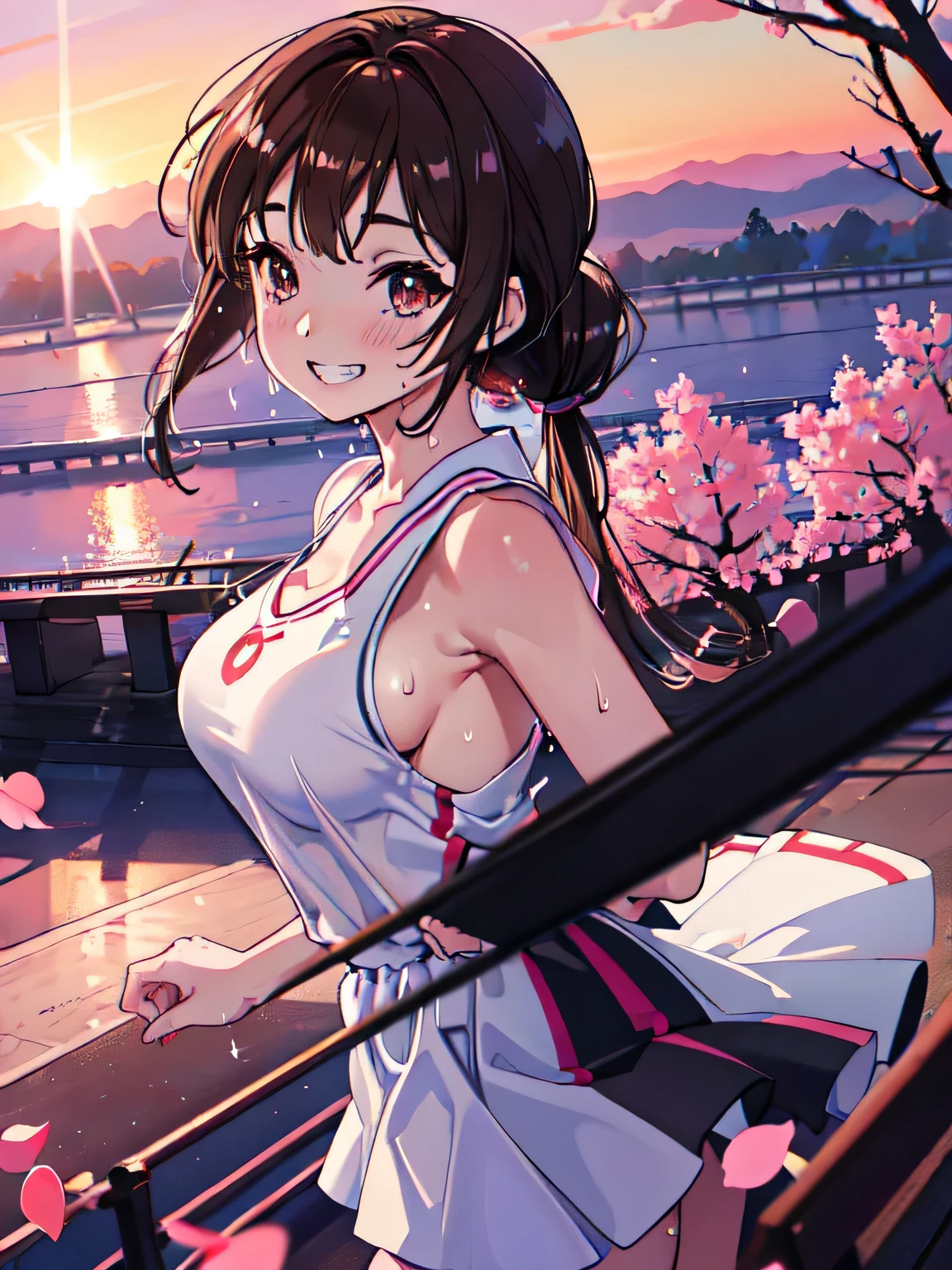 (absurdres:1.5), (anatomically correct), (basketball jersey), (raw photo:1.2), (photorealistic:1.5), (1 ultimate cute girl:1.5), ultimate quality, (masterpiece:1.5), extremely detailed CG unity 8k wallpaper, ultra-detailed, detailed puffy eyes and face, (ultimate detailed brown shiny eyes:1.2), (spotlight, perfect lighting, detailed light, dramatic shadow, ray tracing), ((cowboy shot)), (brown low ponytail), (((body dripping with sweat))), lipsticks, (mega breasts:1.5), slender, ((grinning:1.5)), digital painting, (fisheye), low angle from side front, blurring cherry blossom scenery background, looking away, windy, (colorful illusion effect), (running away:1.5), photo once in 1000 years, sunset, orgasm