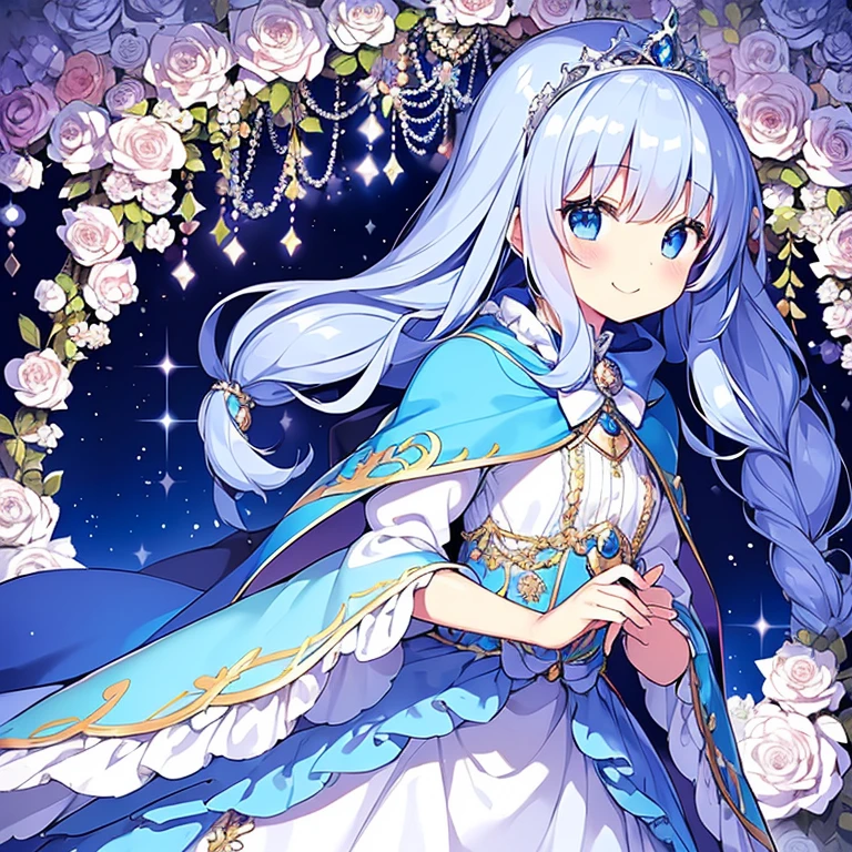 (kawaii),(masterpiece),(best quality),(ultra detailed), upper body, rococo style,(long train deep blue cape:1.1), very long cape,(long train white ball gown with flower decorations:1.05), a girl is wearing a cape over her gown, 1 little princess, tiara, smile, very long hair