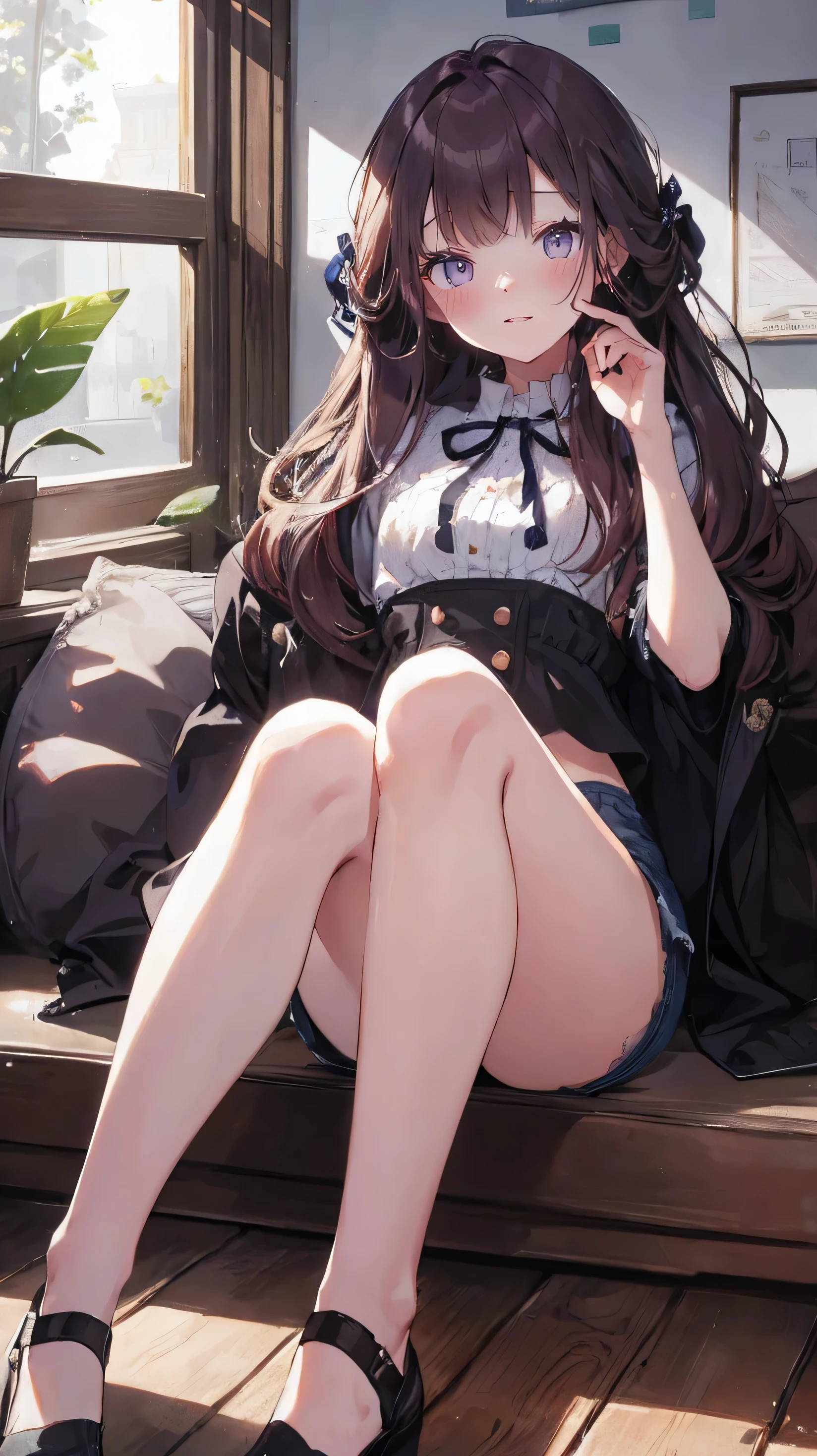 master piece、Highest image quality、highest quality、 ((panic))、glossy hair quality、small face、sitting、Super detailed and beautiful bright eyes、Super detailed clear and beautiful face、(cute illustration:1.2), High-resolution, ultra-detailed, best quality, embarrassed、(Gaps in shorts)、(cute underwear)