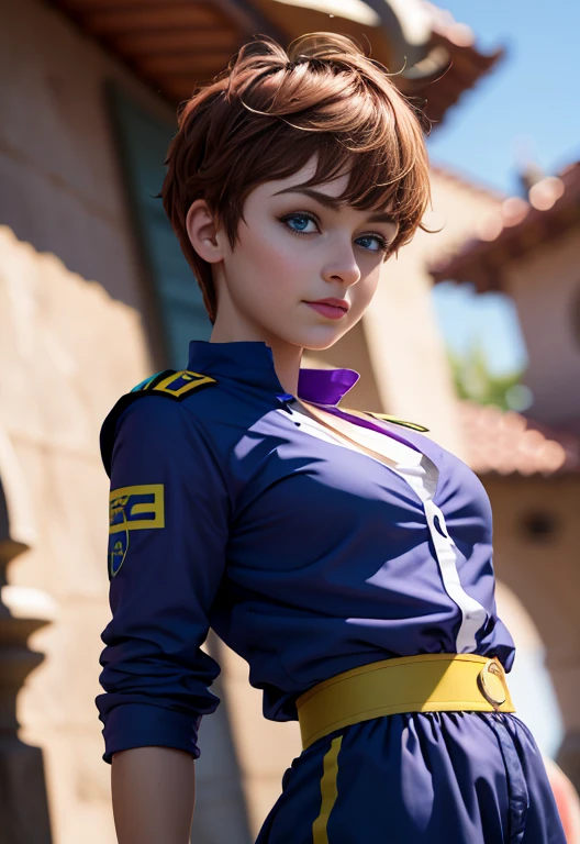 Altas Resoluciones, Sombras, absurdos, mejor_calidad, ultra_Detallado, 8K, sumamente_Claro, Director of photography, hermoso, sharp focus, HDR,
A cute pop singer with short light brown hair.. , Pixie cut and symmetrical blue eyes.. , con pecas en mejillas y nariz , linda sonrisa , maquillaje , sombra de ojos color morado, sostiene una guitarra electrica y canta ,Viste con un traje de lujo. Consistiendo en un vestido de gala purpura sin mangas, with a dynamic angle, capturada en una toma de vaquero altamente detallada, exudando una feliz, con tonos relajantes y una mezcla contrastante de luz y sombra, todo mientras enfatiza el cabello, Los ojos, the mouth and the action of the subject in a composition that is pleasing to the eye and stimulating , fondo variado , Luna Loud