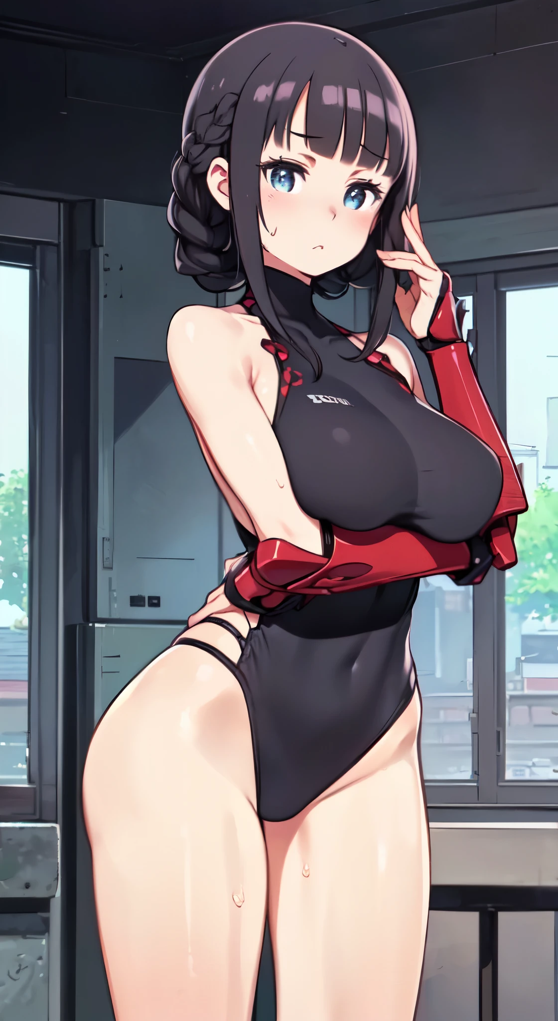 ((table top, highest quality, High resolution, nffsw, perfect pixel,  4k, nffsw, nffsw、Anime Screen Capture、Red Gauntlet))), 1 girl, single, alone, Beautiful woman、I could see the whole body、 ((middle wave hair, dull bangs, Braid black hair)), ((Red and shattered eyes, beautiful eyelashes, realistic eyes)), ((detailed face, blush:1.2)), ((smooth texture:0.75, realistic texture:0.65, realistic:1.1, Anime CG style)), ((muscular、huge breasts,wide ass、wide hips、thick thighs、both armpits))、(((Black and white sci-fi suit、Red back of hand))), perfect body, In town、((Very embarrassed、Sweat))、