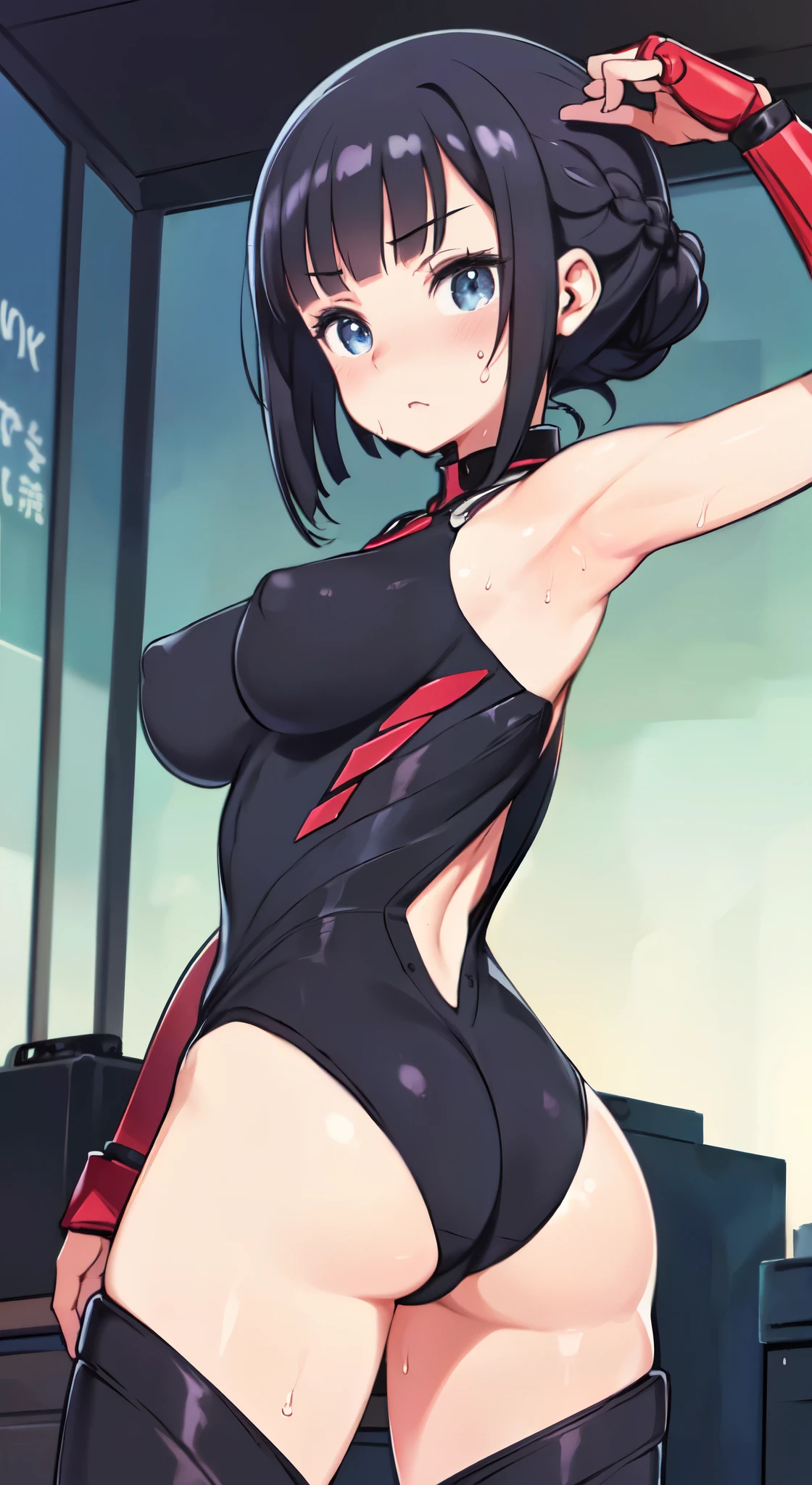 ((table top, highest quality, High resolution, nffsw, perfect pixel, 4k, nffsw, nffsw、Anime Screen Capture、Red Gauntlet))), 1 girl, single, alone, Beautiful woman、I could see the whole body、 ((middle wave hair, dull bangs, Braid black hair)), ((Red and shattered eyes, beautiful eyelashes, realistic eyes)), ((detailed face, blush:1.2)), ((smooth texture:0.75, realistic texture:0.65, realistic:1.1, Anime CG style)), ((muscular、huge breasts,wide ass、wide hips、thick thighs、both armpits))、(((Black and white sci-fi suit、Red back of hand))), perfect body, In town、((Very embarrassed、Sweat))、