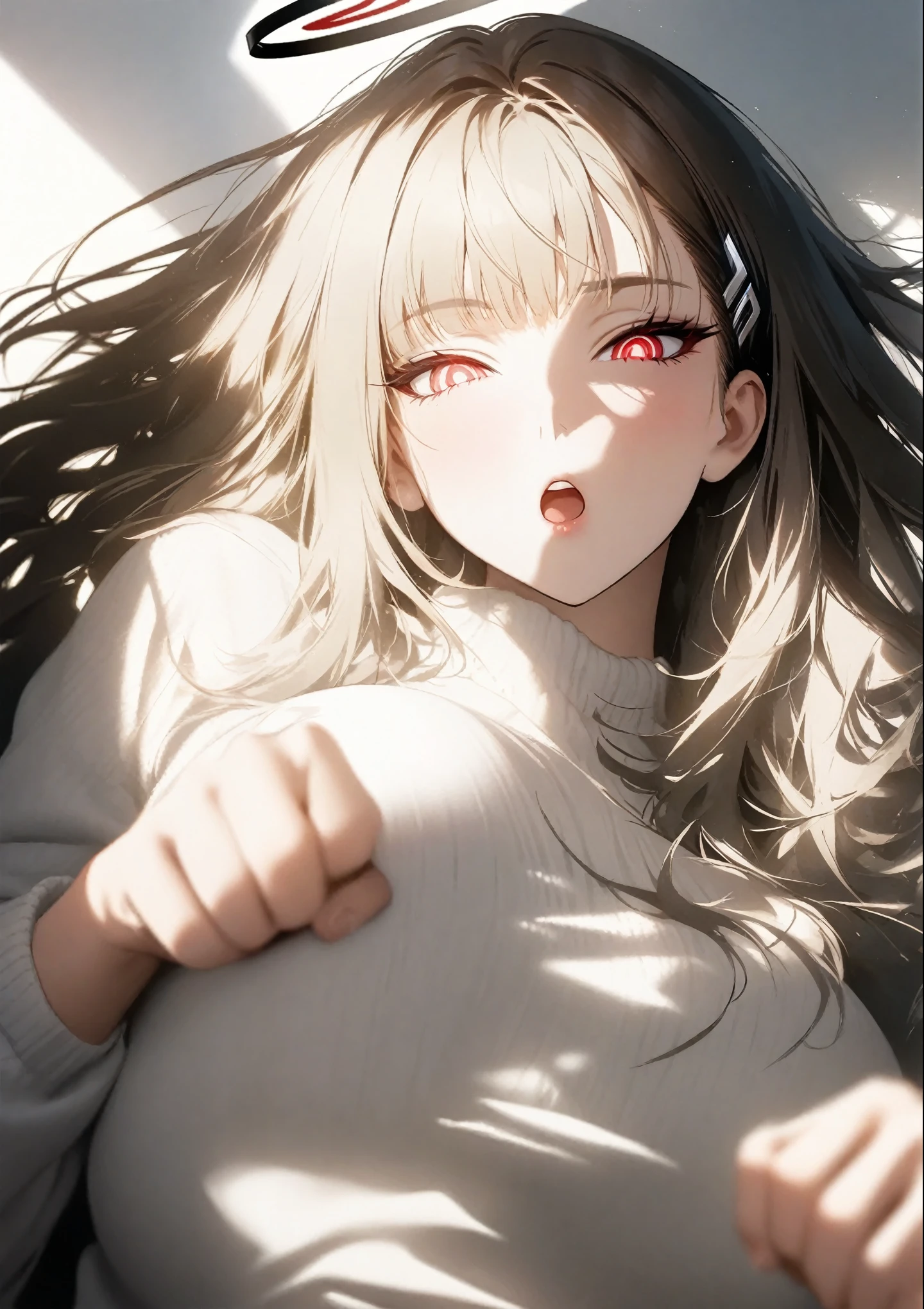 1girl, official art, no text, rio \(blue_archive\), halo, long hair, breasts, big breasts, white sweater, paw pose, white background, :o, upper body, depth of field, masterpiece, best quality, realistic light and shadow, high key lighting, (balanced photo, balanced exposure), (pov:1.4)
