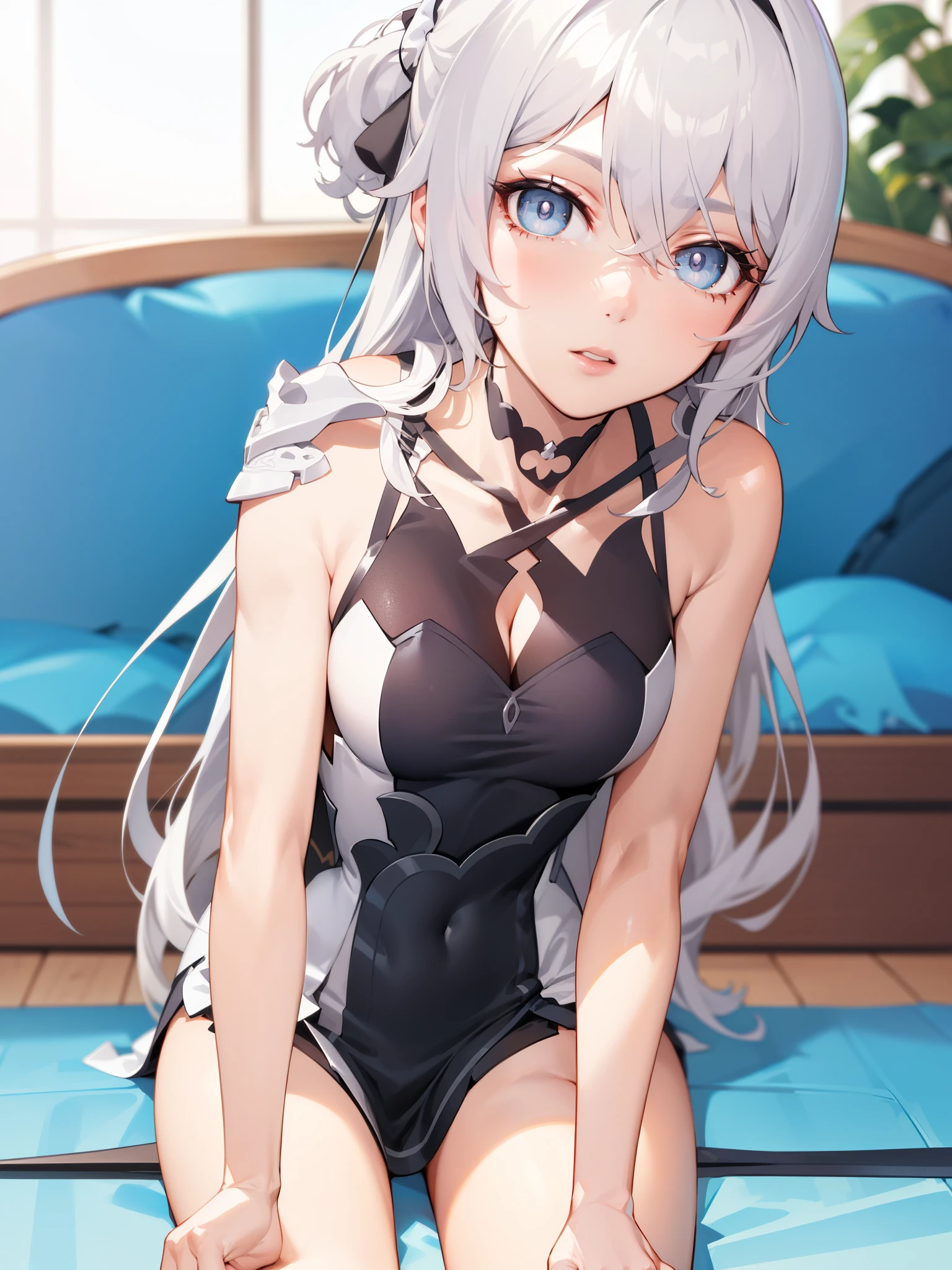 bronya zaychik (silverwing n-ex), bronya zaychik, red pupils,breasts, long hair, dress, grey hair, cleavage, bangs, (glowing grey eyes:1.2), 
BREAK (masterpiece:1.2), best quality, high resolution, unity 8k wallpaper, (illustration:0.8), (beautiful detailed eyes:1.6), extremely detailed face, perfect lighting, extremely detailed CG, (perfect hands, perfect anatomy),