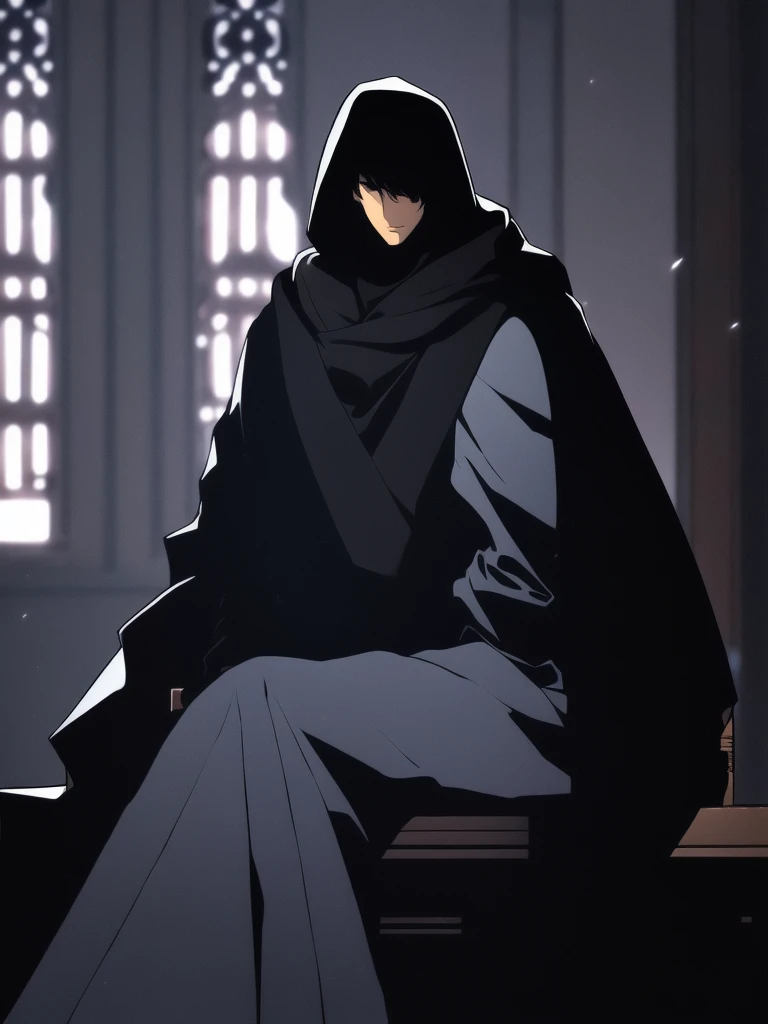 ((Character, best quality: 1.5, masterpiece, 8k detailed, monochrome: 1.5, anime)), solo: 2, 1boy, adult, hooded cloaked man talking, sitting on a chair, dark light, combed hair, dark colors, cross-arm, hood on, close up shot, side view, upper body, edgCultist, panel