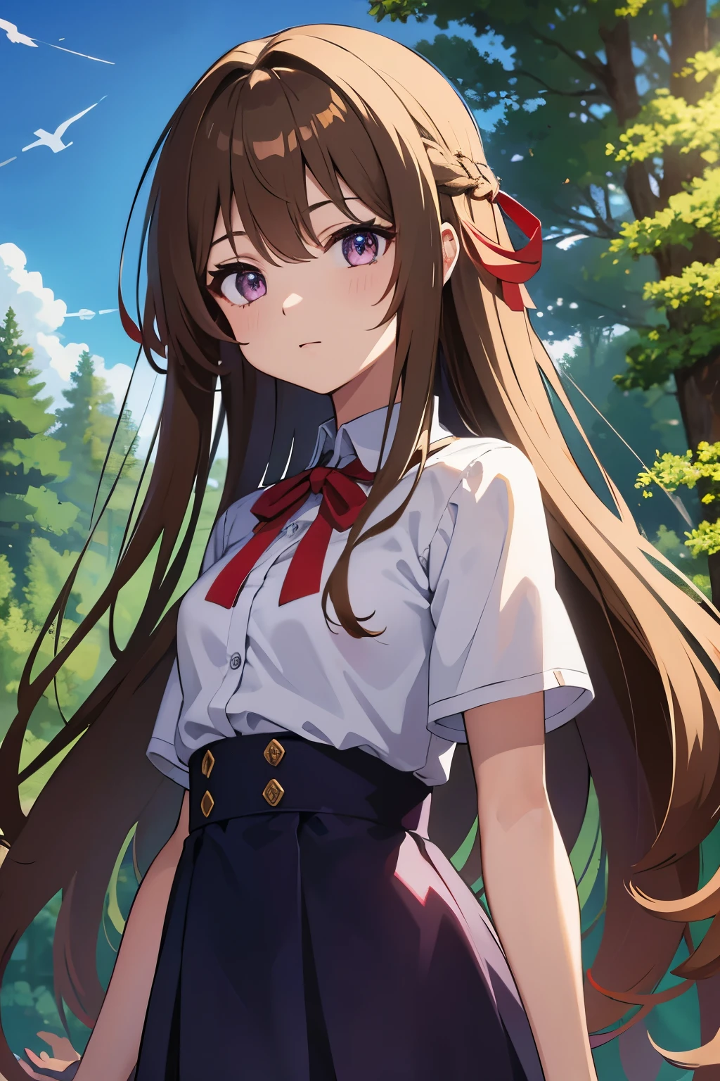 super beautiful , anime illustration、Nature、in the forest、blue sky、sunny、cinematic angle、　((Light brown long hair))、red ribbon、red-purple eyes、