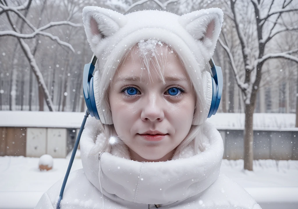 crying how brilliant、[Blue-eyed white fox] wearing headphones| Winter, snow | realistic portrait
