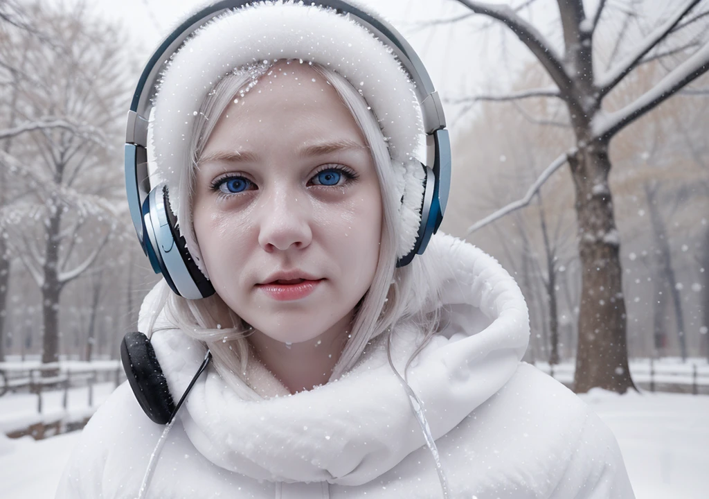 crying how brilliant、[Blue-eyed white fox] wearing headphones| Winter, snow | realistic portrait
